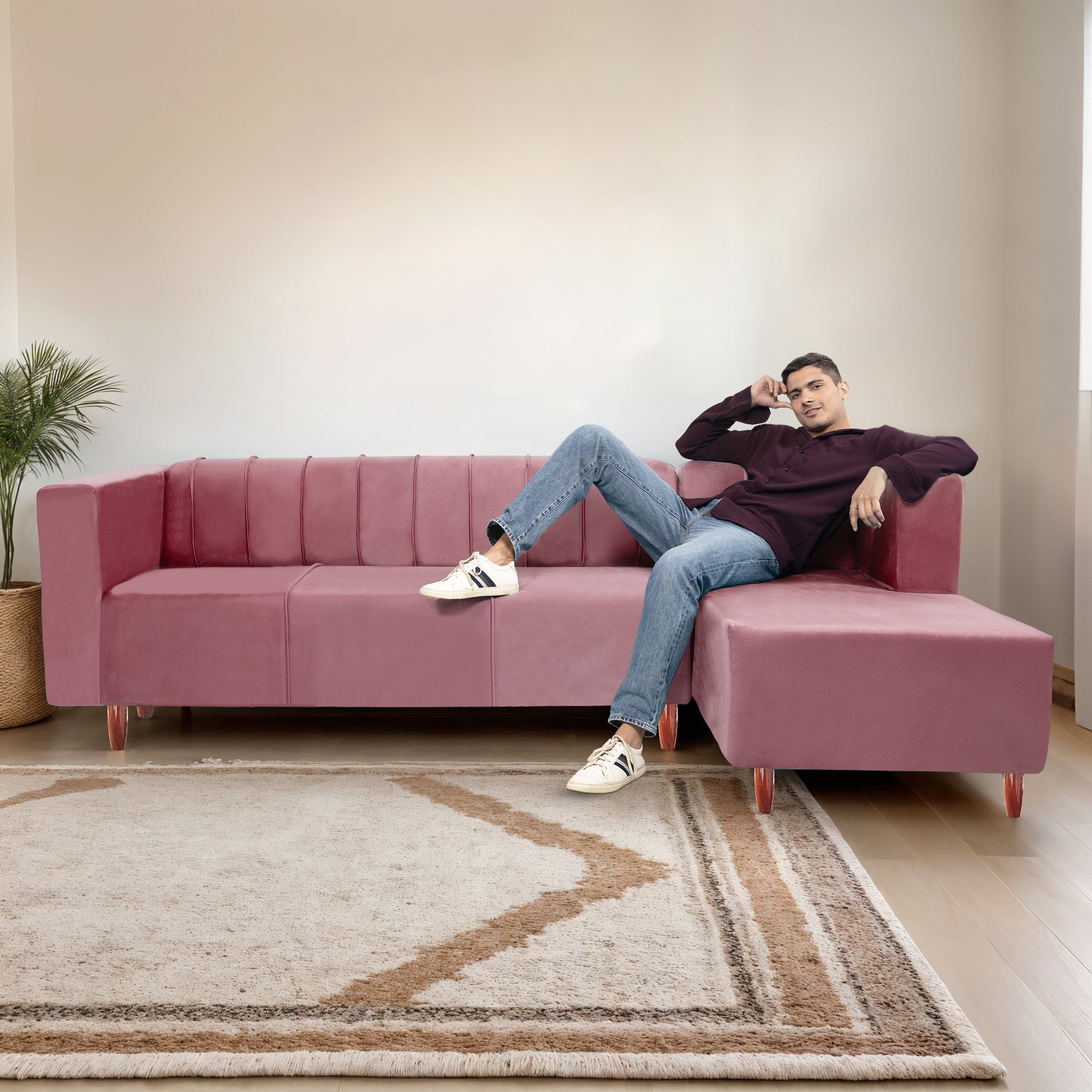 Sydney 6 Seater Sofa right corner- ( Plush Suede Fabric- Peach )