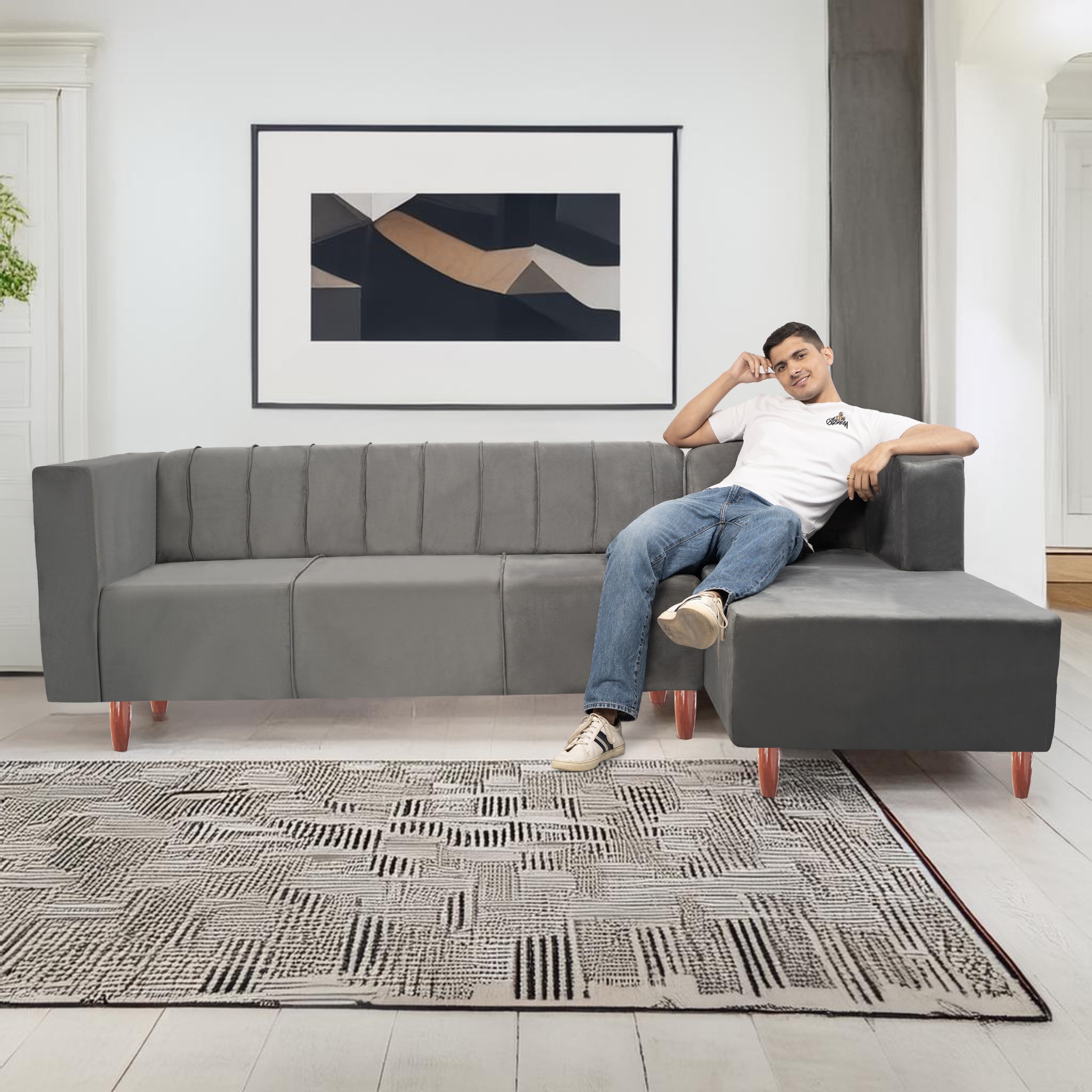 Sydney 6 Seater sofa right corner- ( Premium Holland Fabric- Grey )