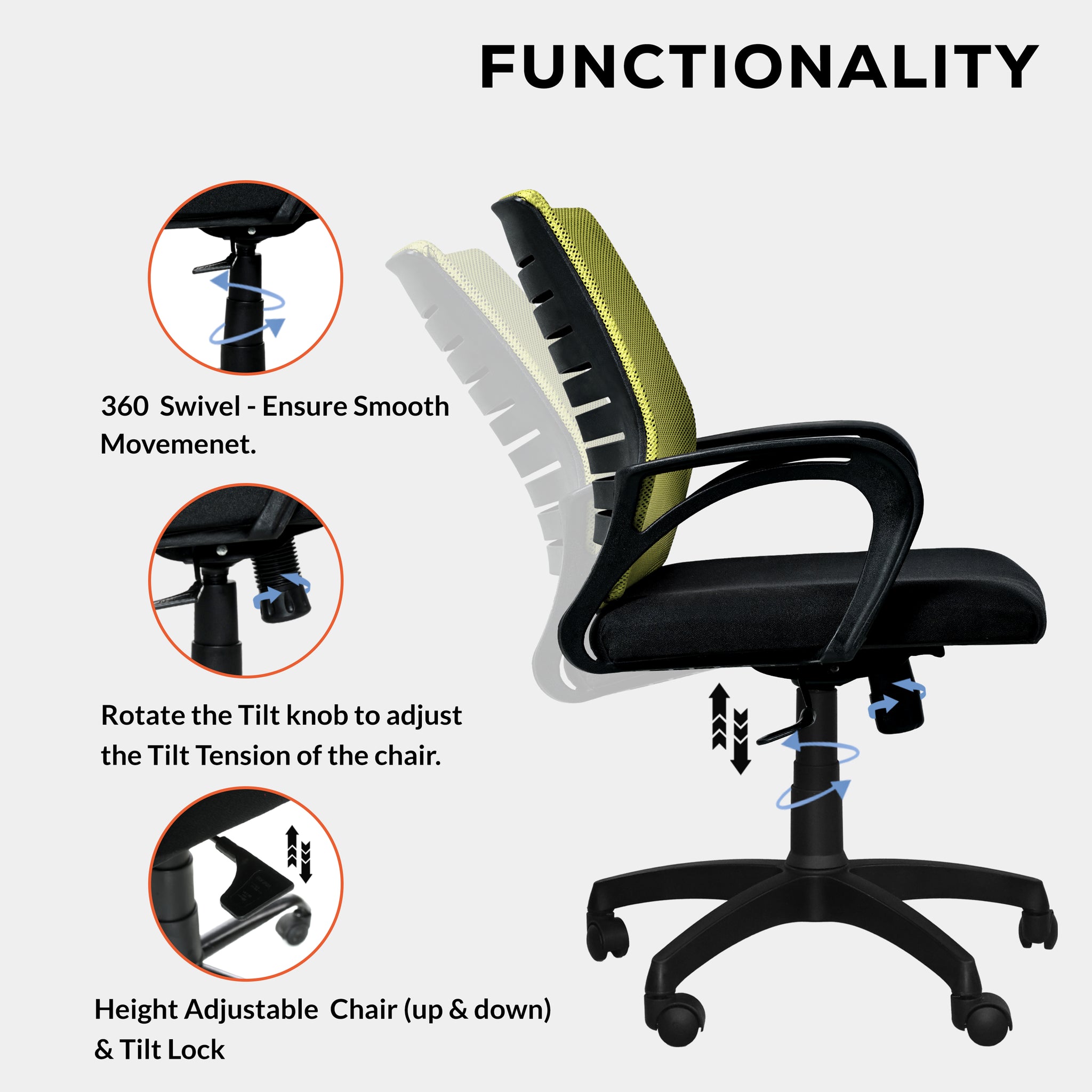 Bolt Mid-Back (Nylon Base) Office Chair – Ergonomic, Durable & Versatile (Green Mesh)