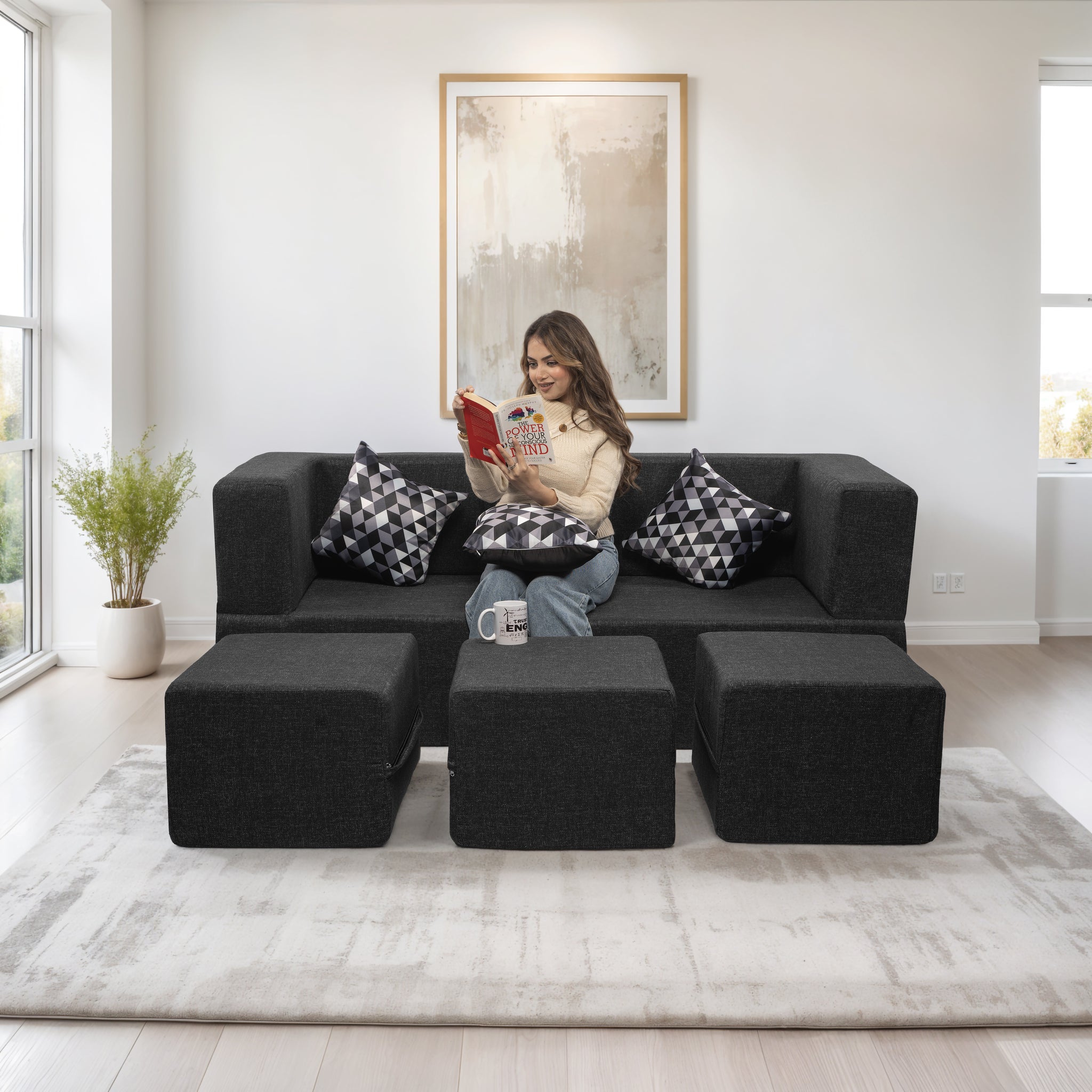 Flipper X Sofa Cum Bed - 3 Seater With 3 Ottoman - Printed Cushions ( Jute Fabric, Dark Grey )