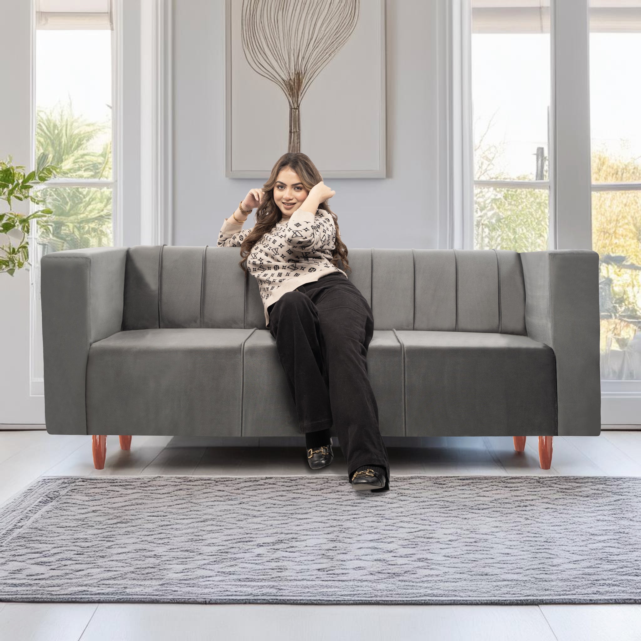 Sydney 3 Seater Sofa- ( Premium Holland Fabric- Grey )