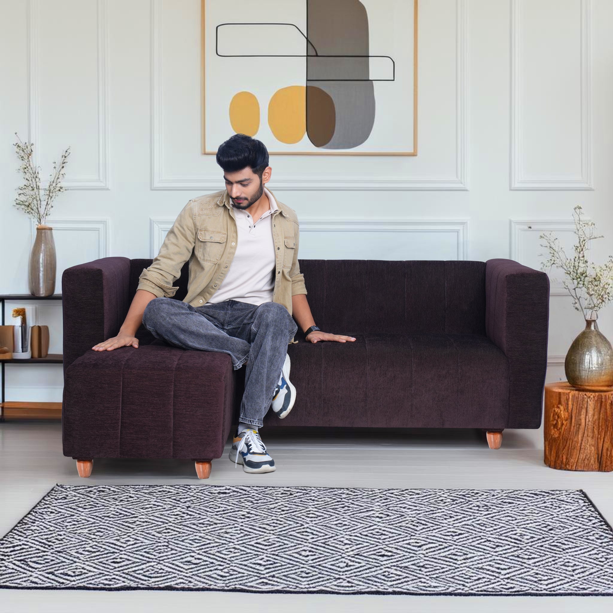 Tokyo 4 Seater Sofa with Ottoman- ( Premium Molfino Fabric- Brown )