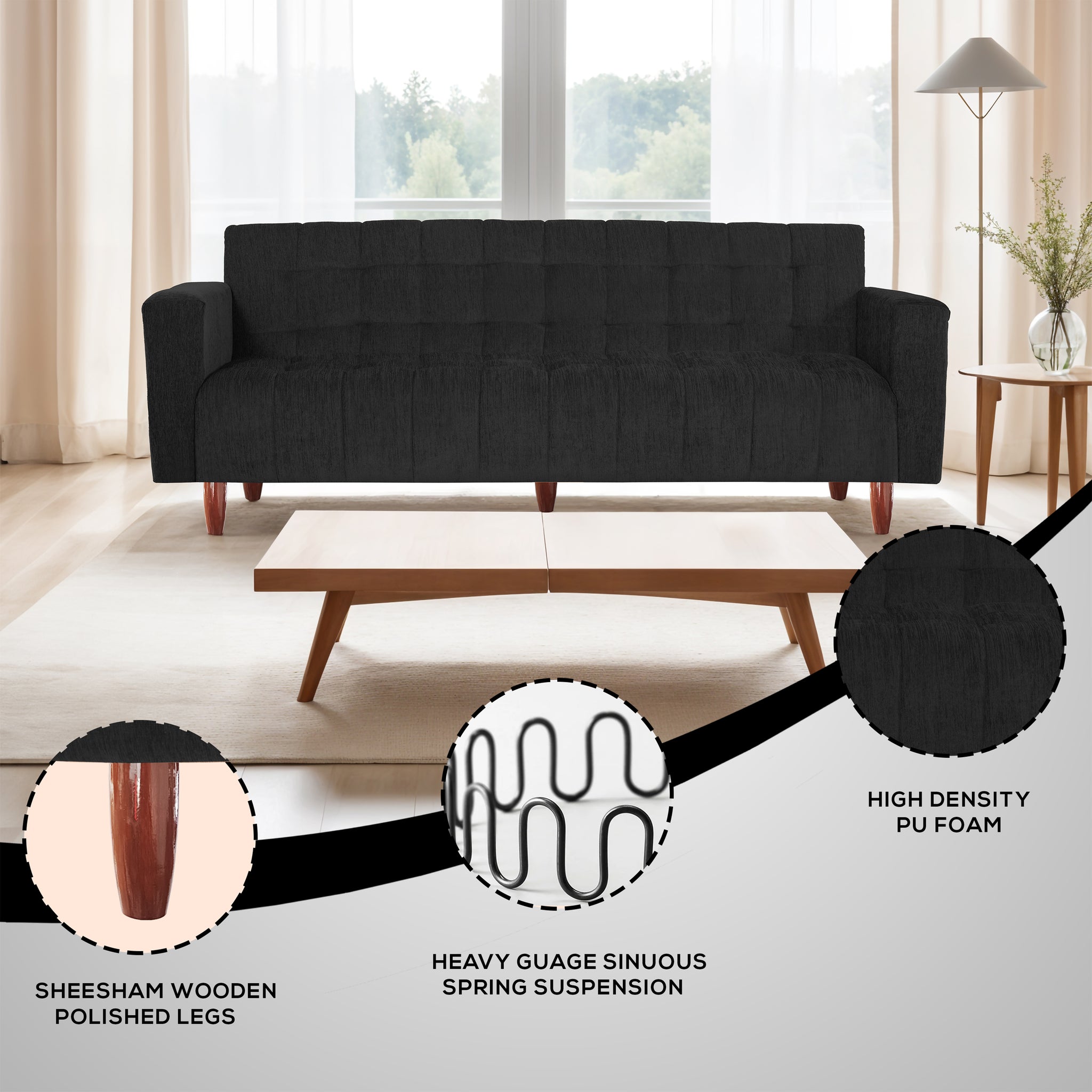 Lisbon Neo 4 Seater Wooden Sofa Cum Bed - ( Premium Molfino Fabric- Black )