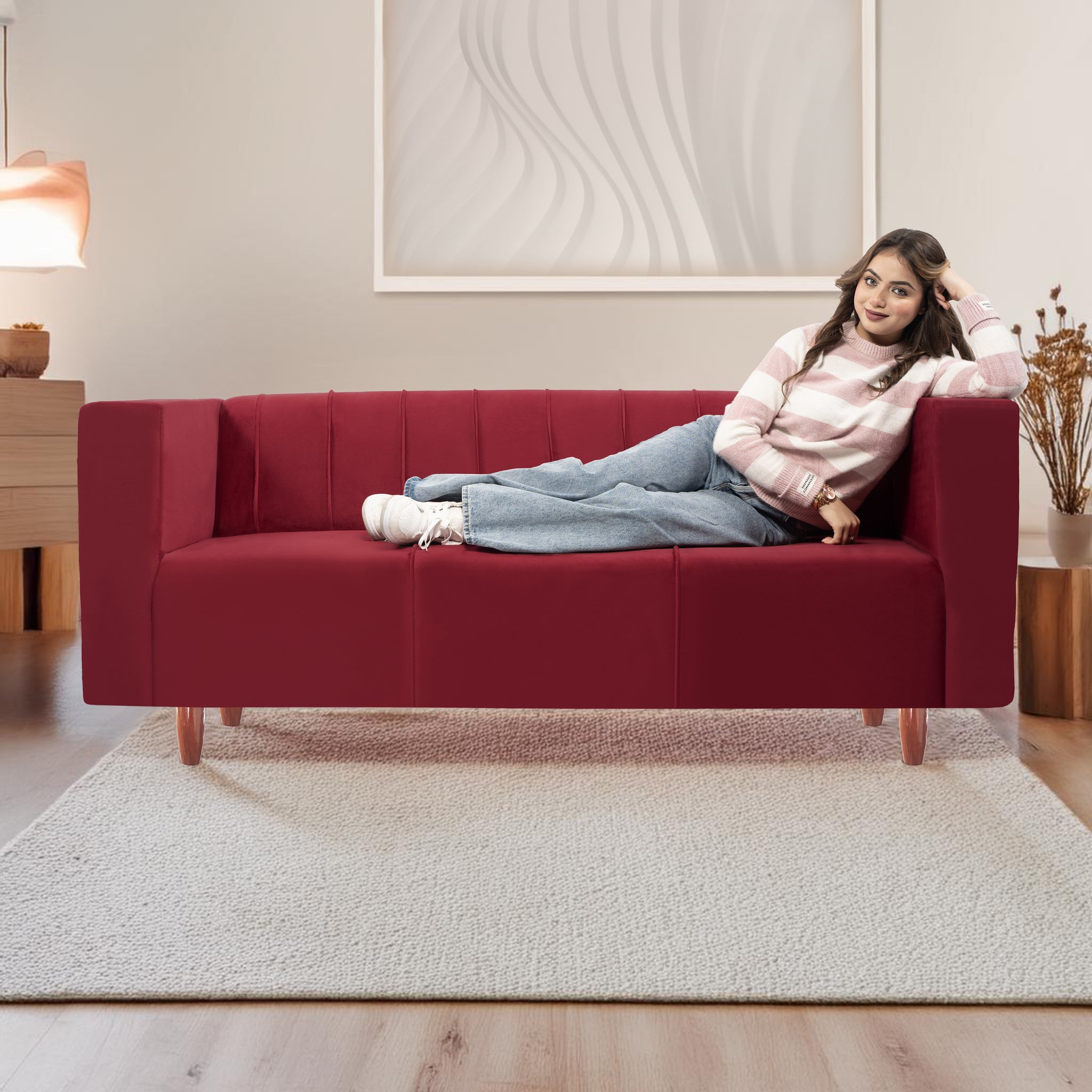 Sydney 3 Seater Sofa- ( Plush Suede Fabric- Maroon )