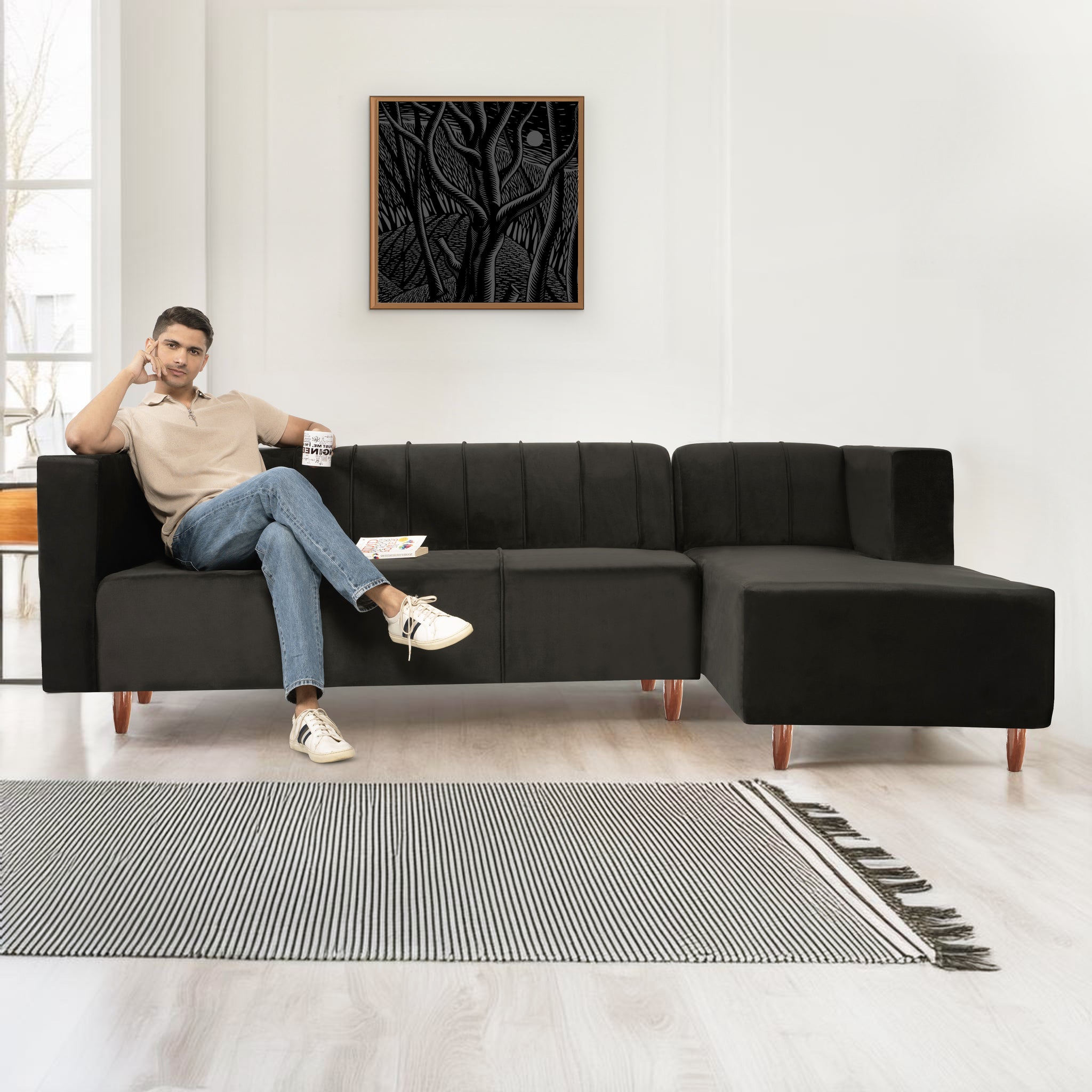 Sydney 6 Seater sofa right corner- ( Plush Suede Fabric- Black )