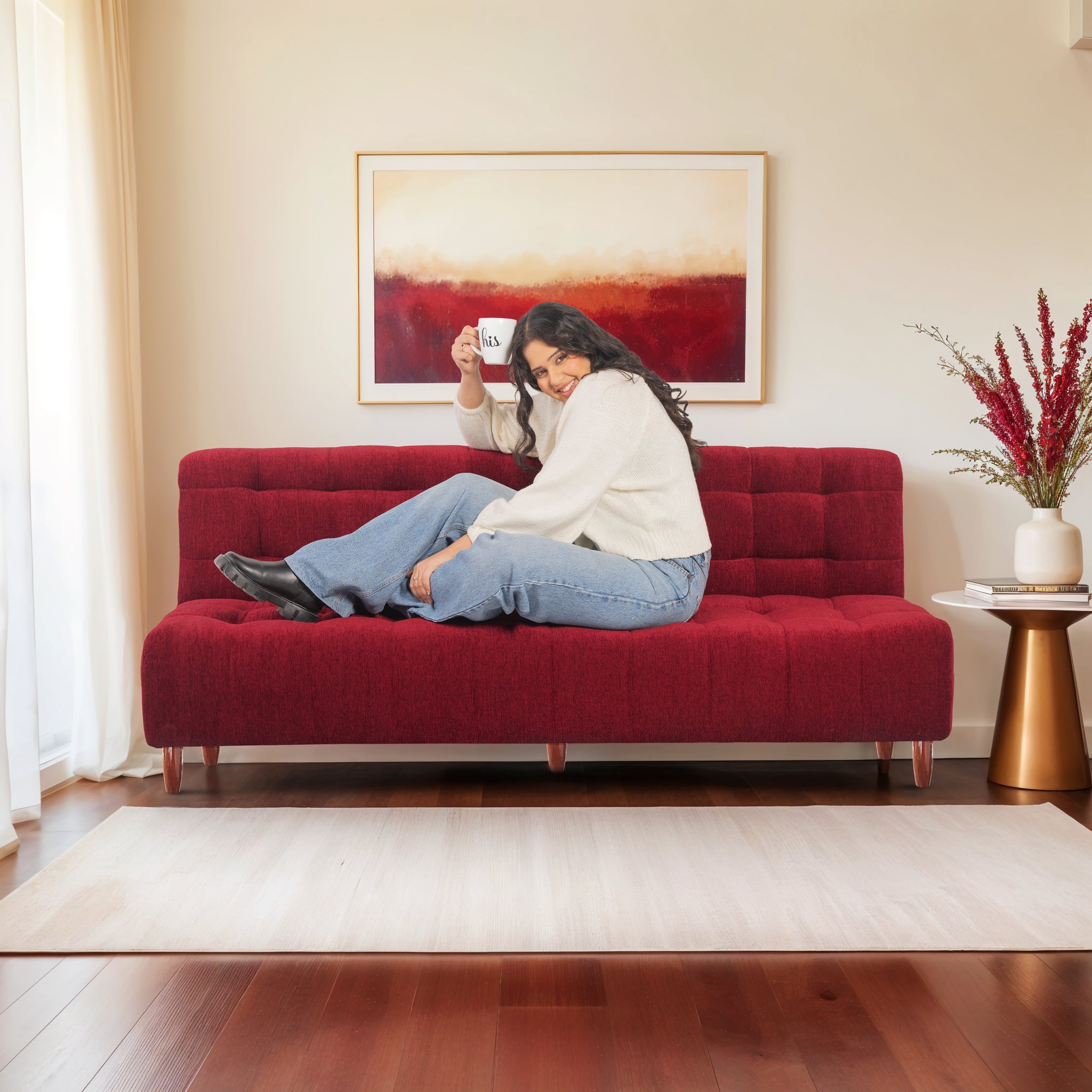 Florida Neo 3 Seater Wooden Sofa Cum Bed - ( Premium Molfino Fabric- Maroon)