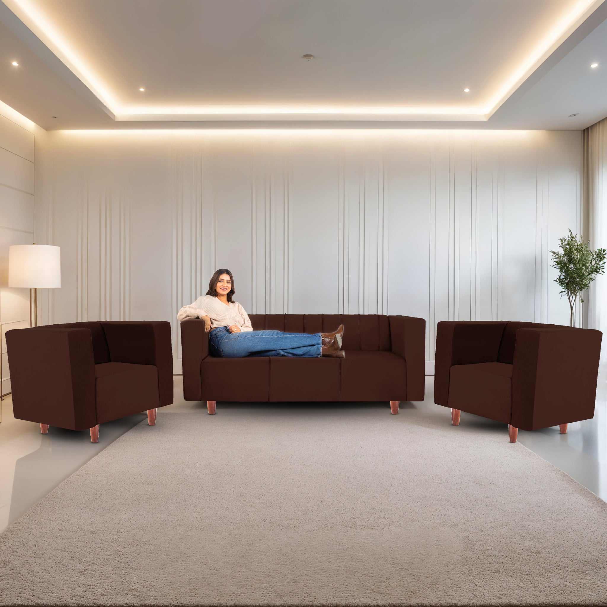 Sydney 5 Seater Sofa- (3+1+1) ( Premium Holland Fabric - Brown)