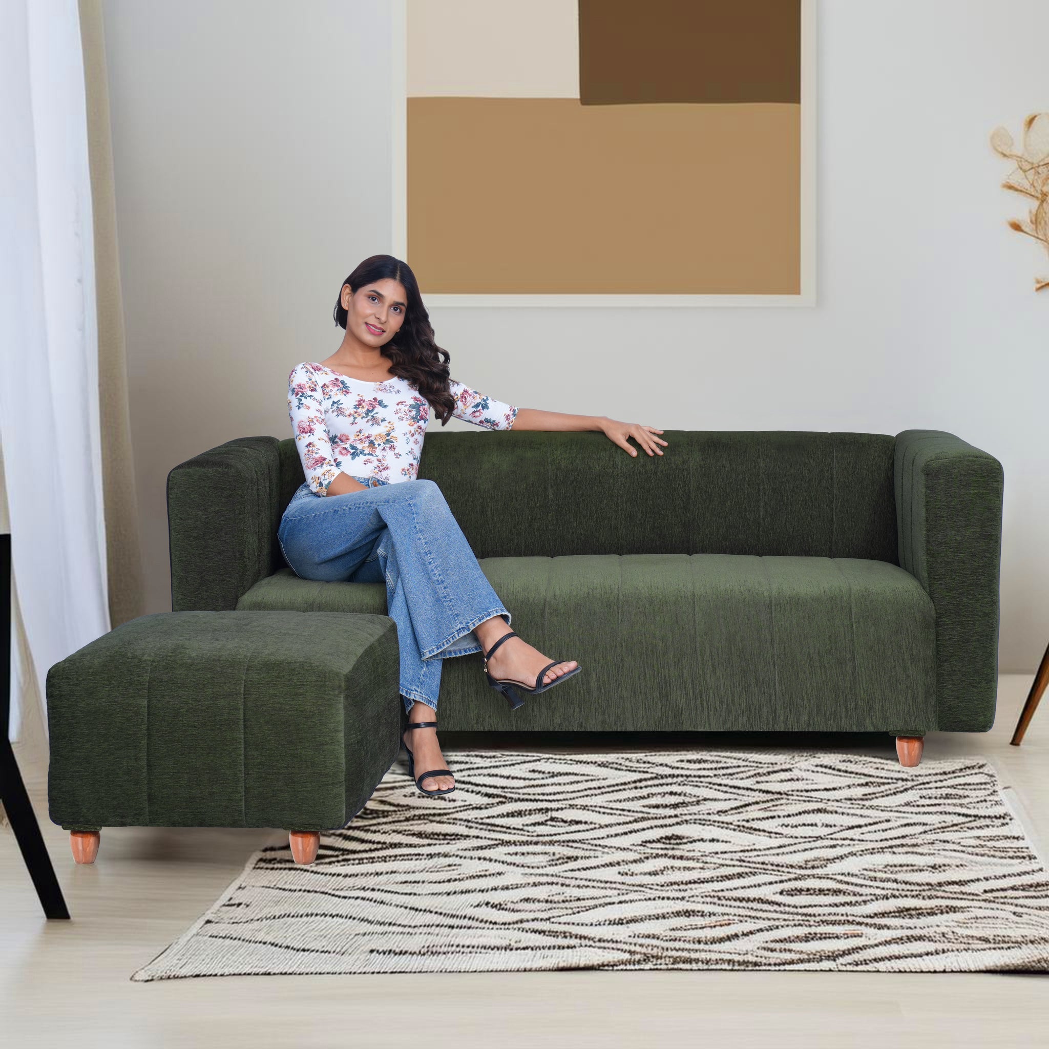 Tokyo 5 Seater Sofa with 2 Ottomans- ( Premium Molfino Fabric- Green )