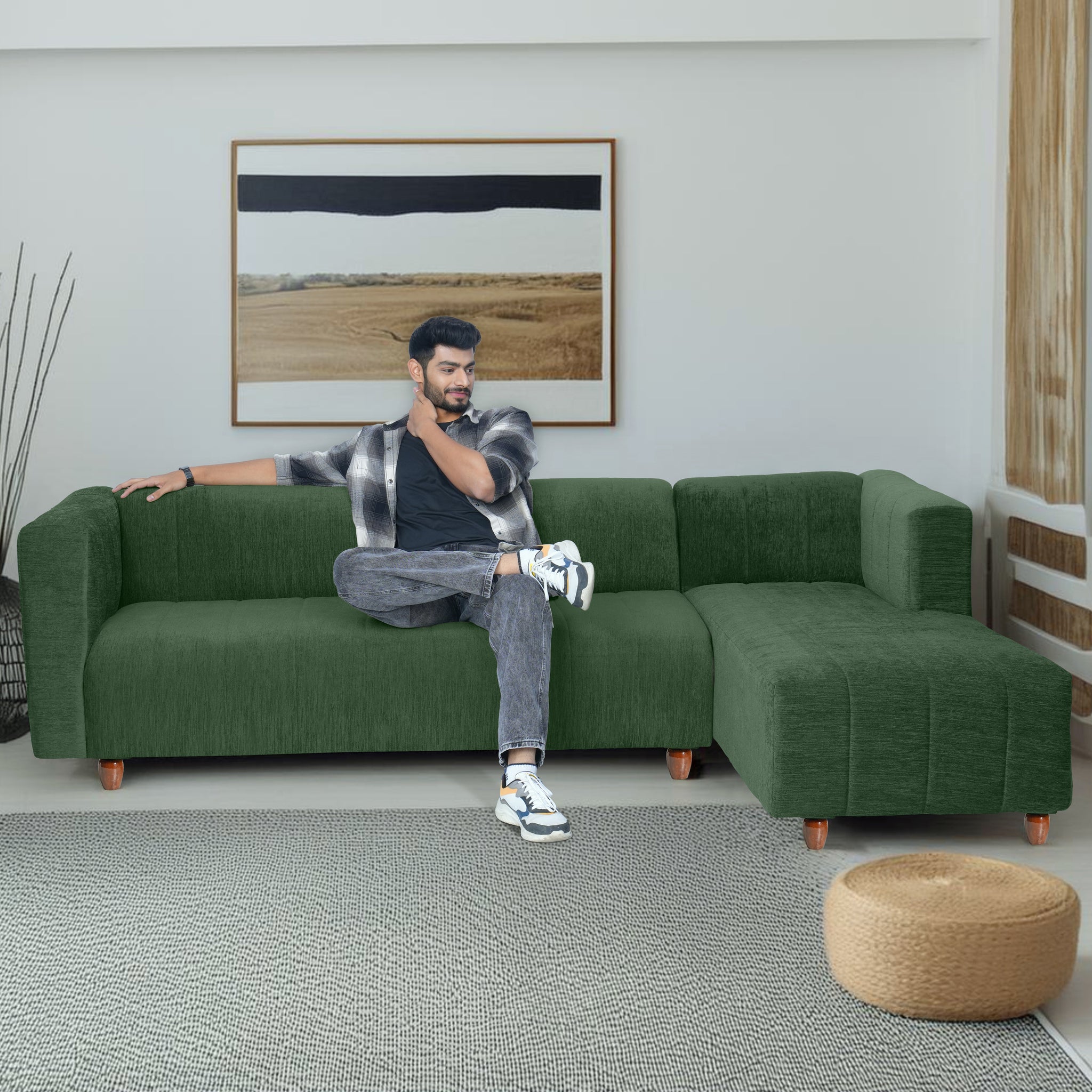 Tokyo 6 Seater Sofa Right Corner- ( Premium Molfino Fabric- Green )