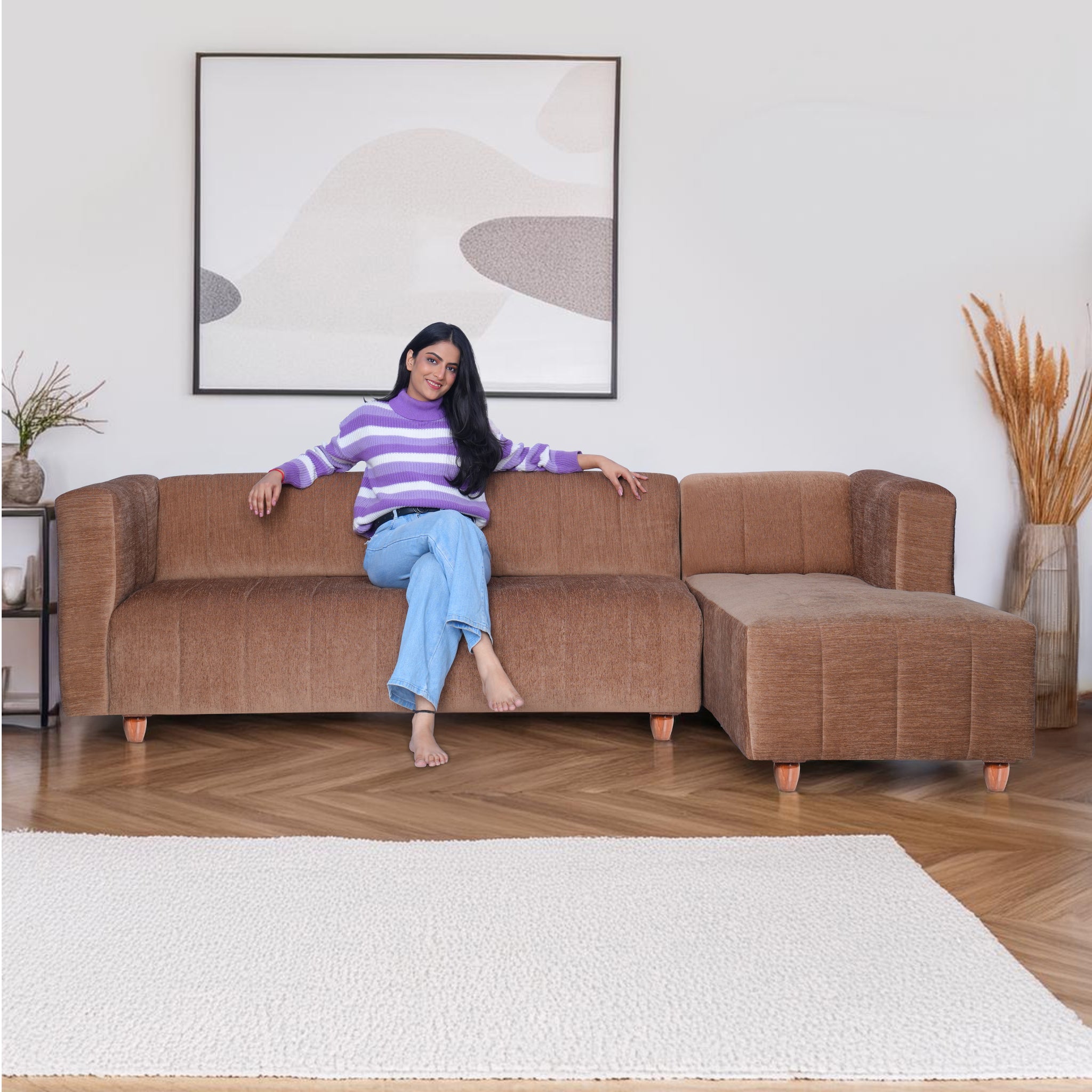 Tokyo 6 Seater Sofa Right Corner- ( Premium Molfino Fabric- Beige )