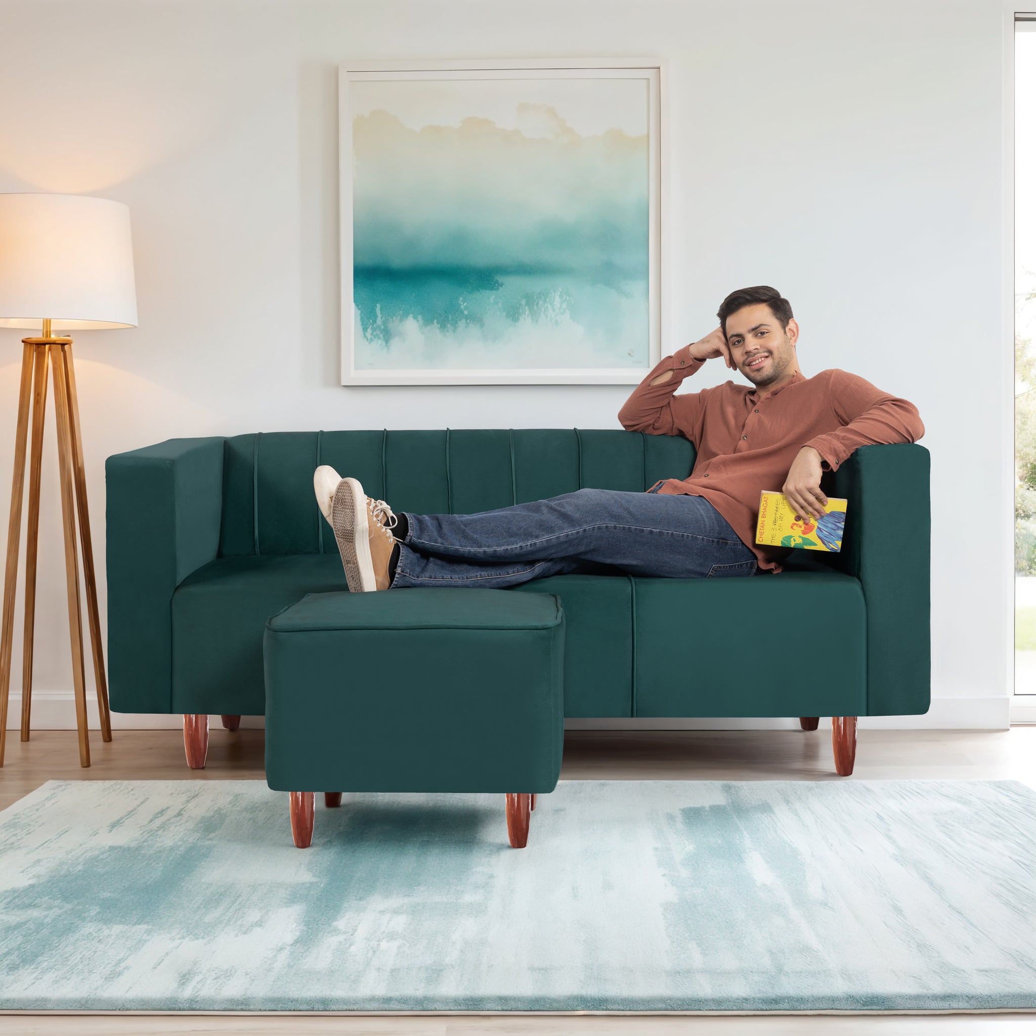 Sydney 4 Seater Sofa with Ottoman- ( Premium Holland Fabric- Teal )