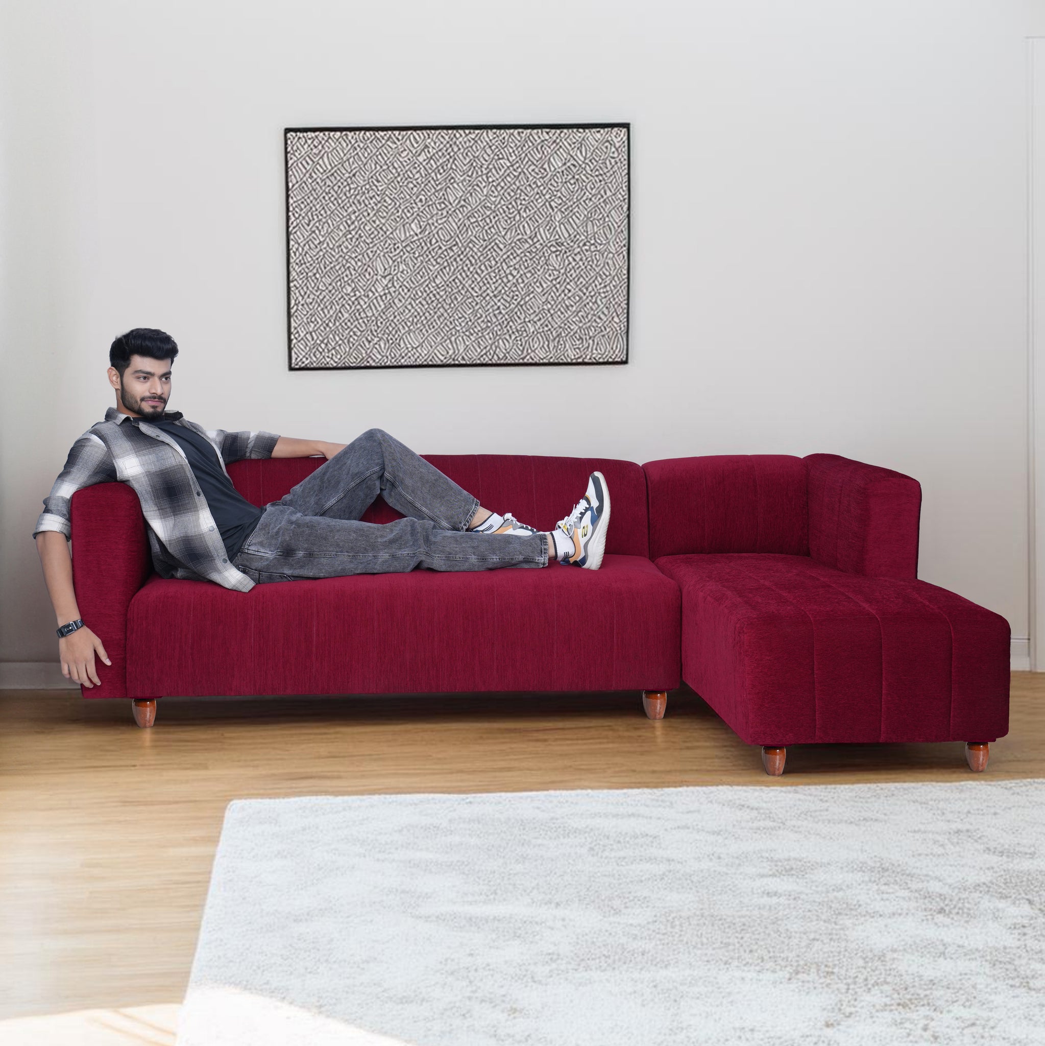Tokyo 6 Seater Sofa Right Corner- ( Premium Molfino Fabric- Maroon )
