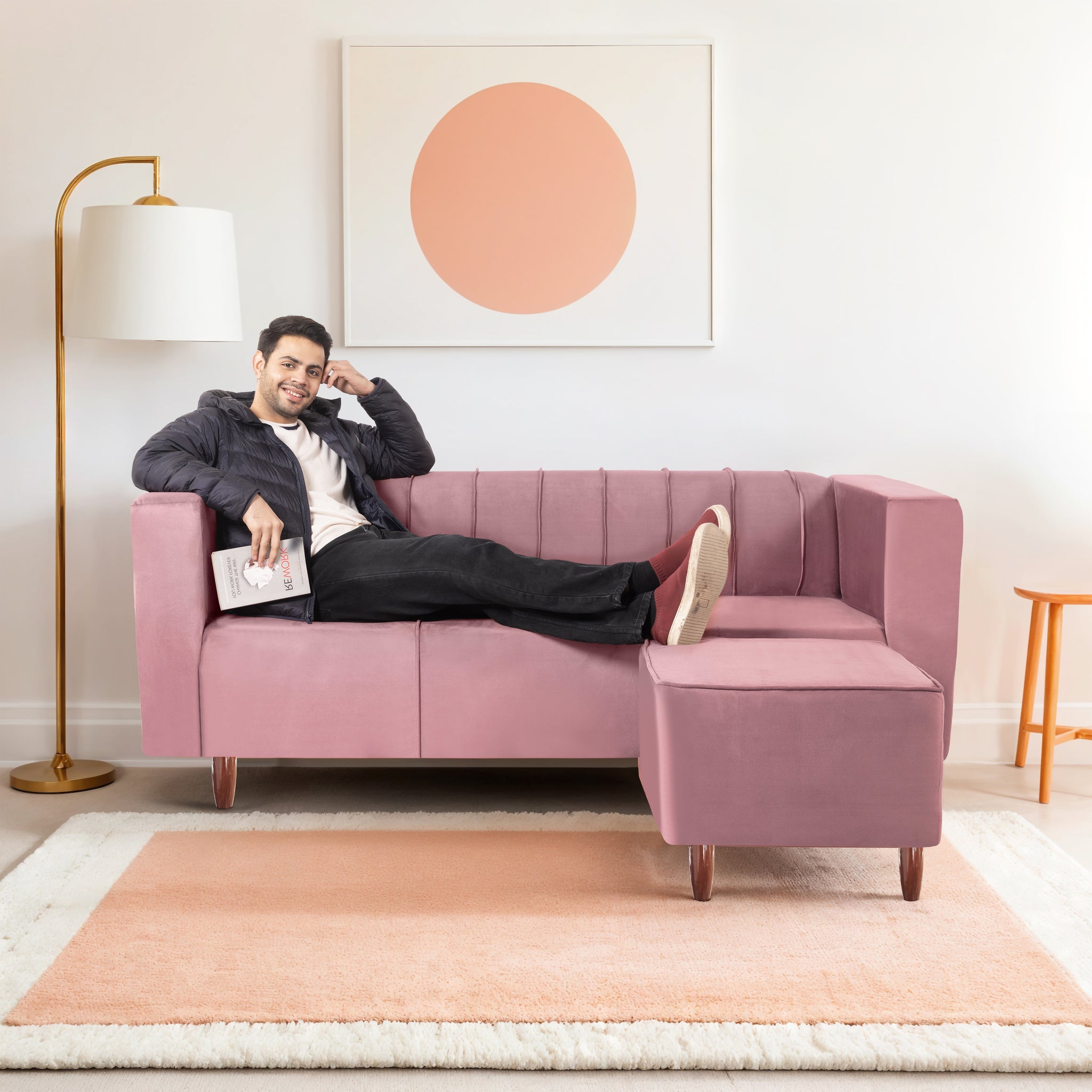 Sydney 4 Seater Sofa with Ottoman- ( Premium Holland Fabric- Peach )