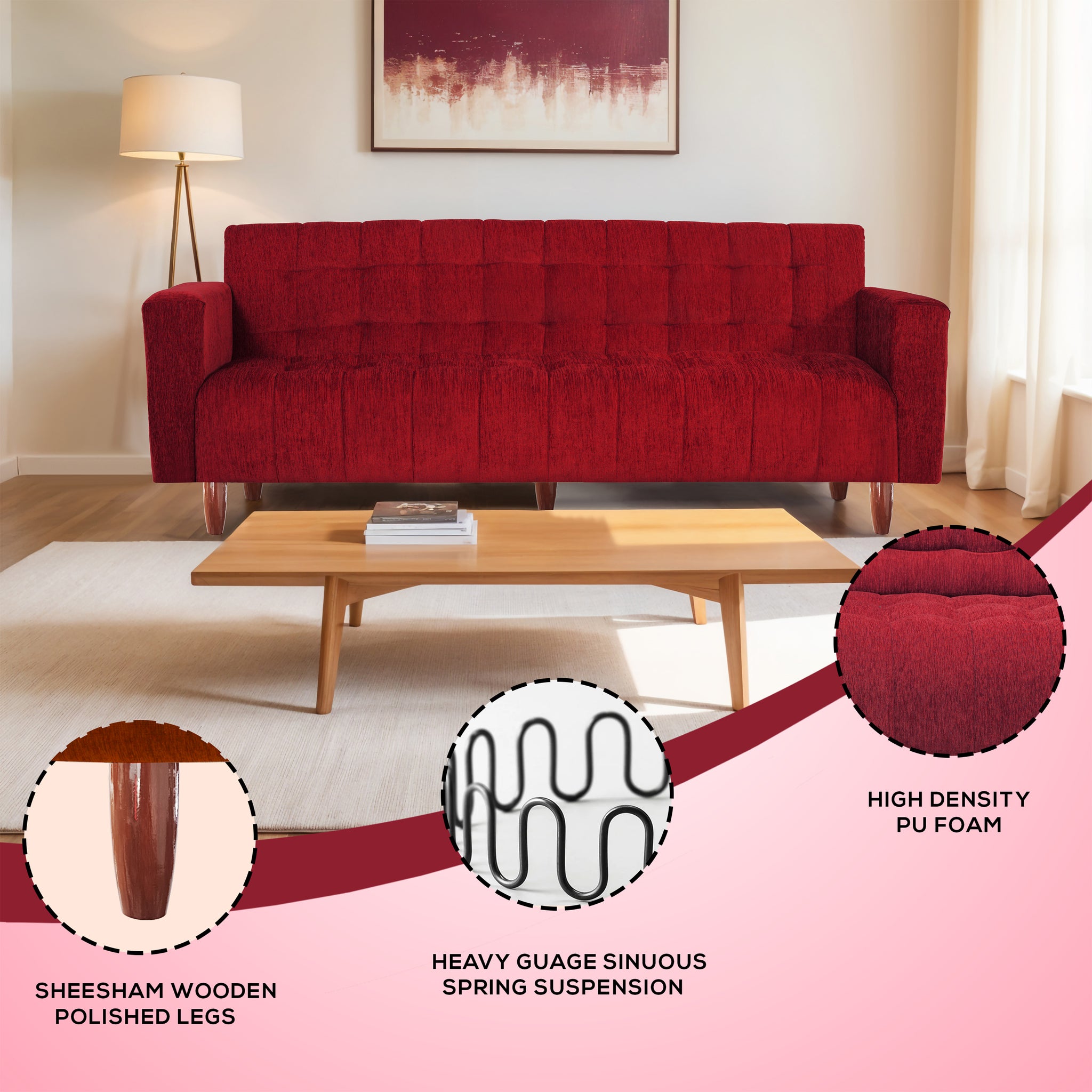 Lisbon Neo 4 Seater Wooden Sofa Cum Bed - ( Premium Molfino Fabric- Maroon )