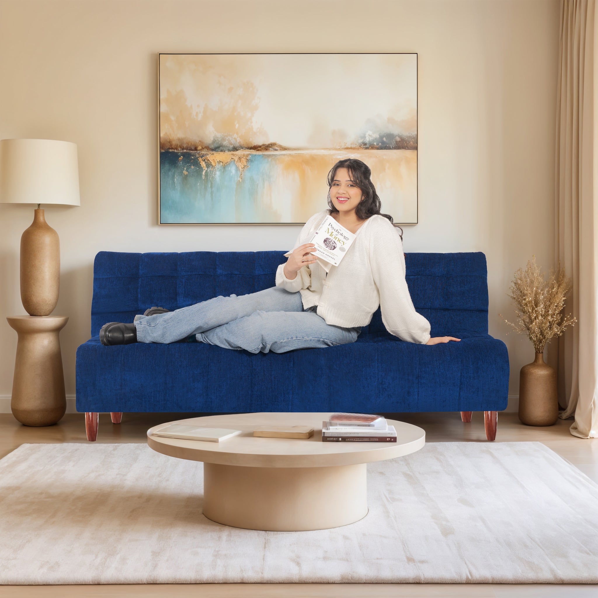 Neo Florida 3 Seater Wooden Sofa Cum Bed - ( Premium Molfino Fabric- Blue )