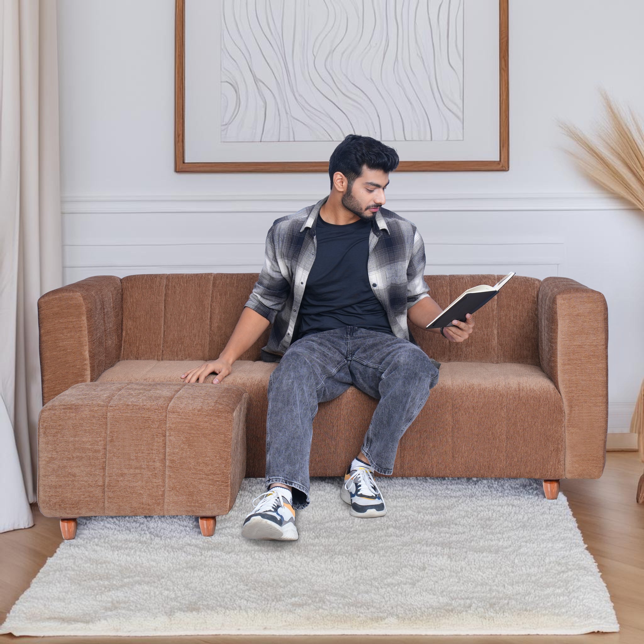 Tokyo 4 Seater Sofa with Ottoman- ( Premium Molfino Fabric- Beige )