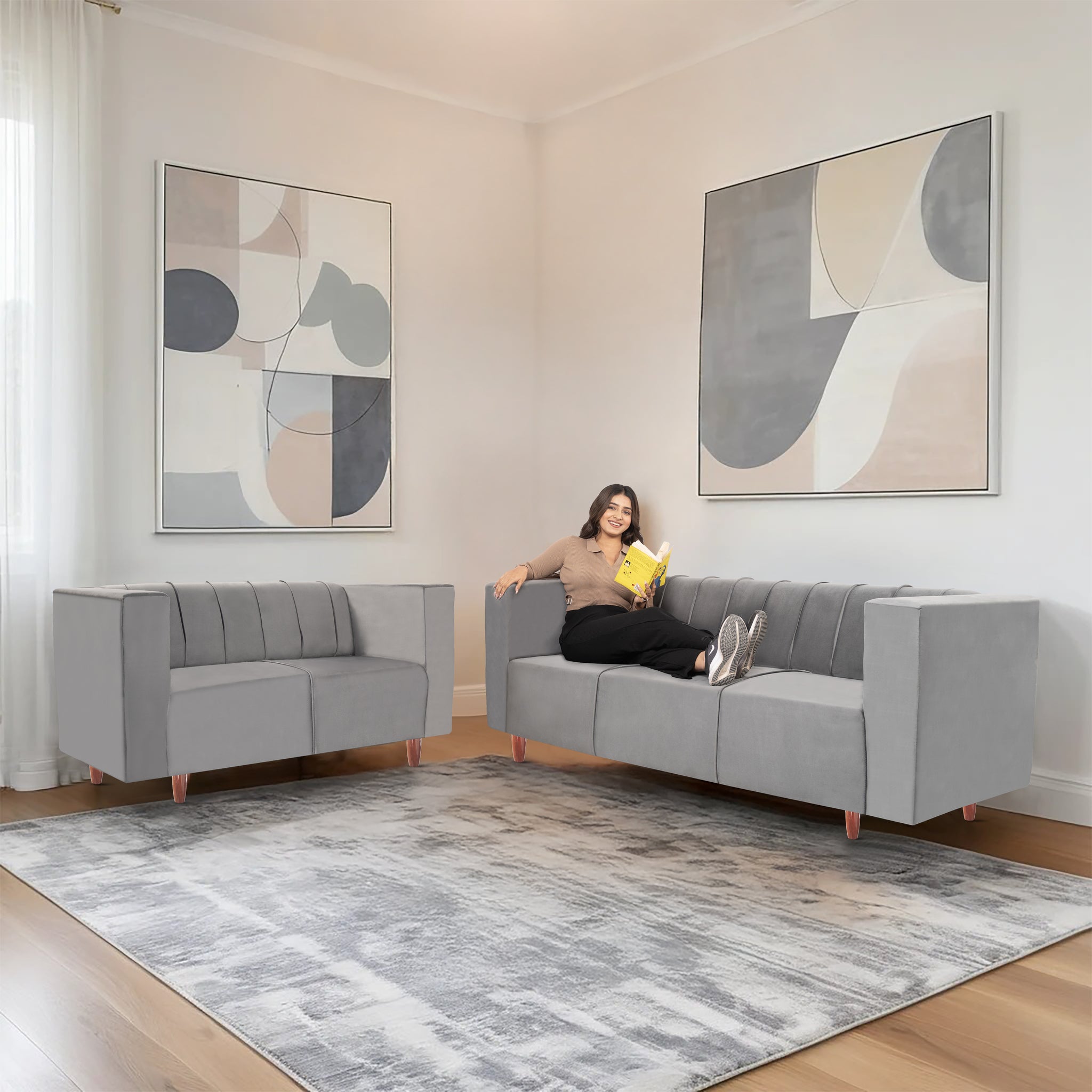 Sydney (3+2) Seater Sofa- ( Premium Holland Fabric- Grey)