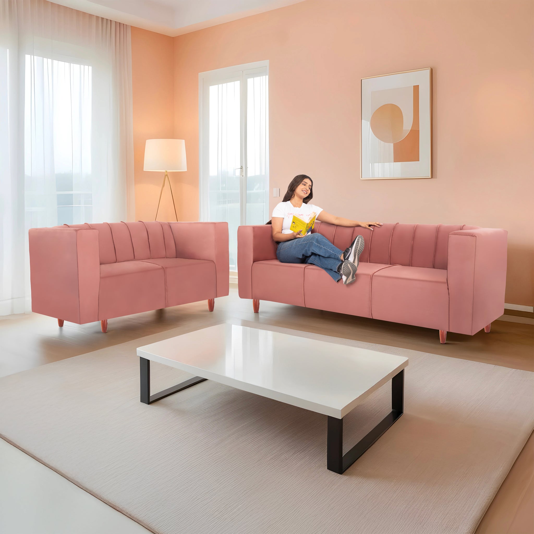 Sydney 5 Seater Sofa- (3+2) ( Premium Holland Fabric - Peach)