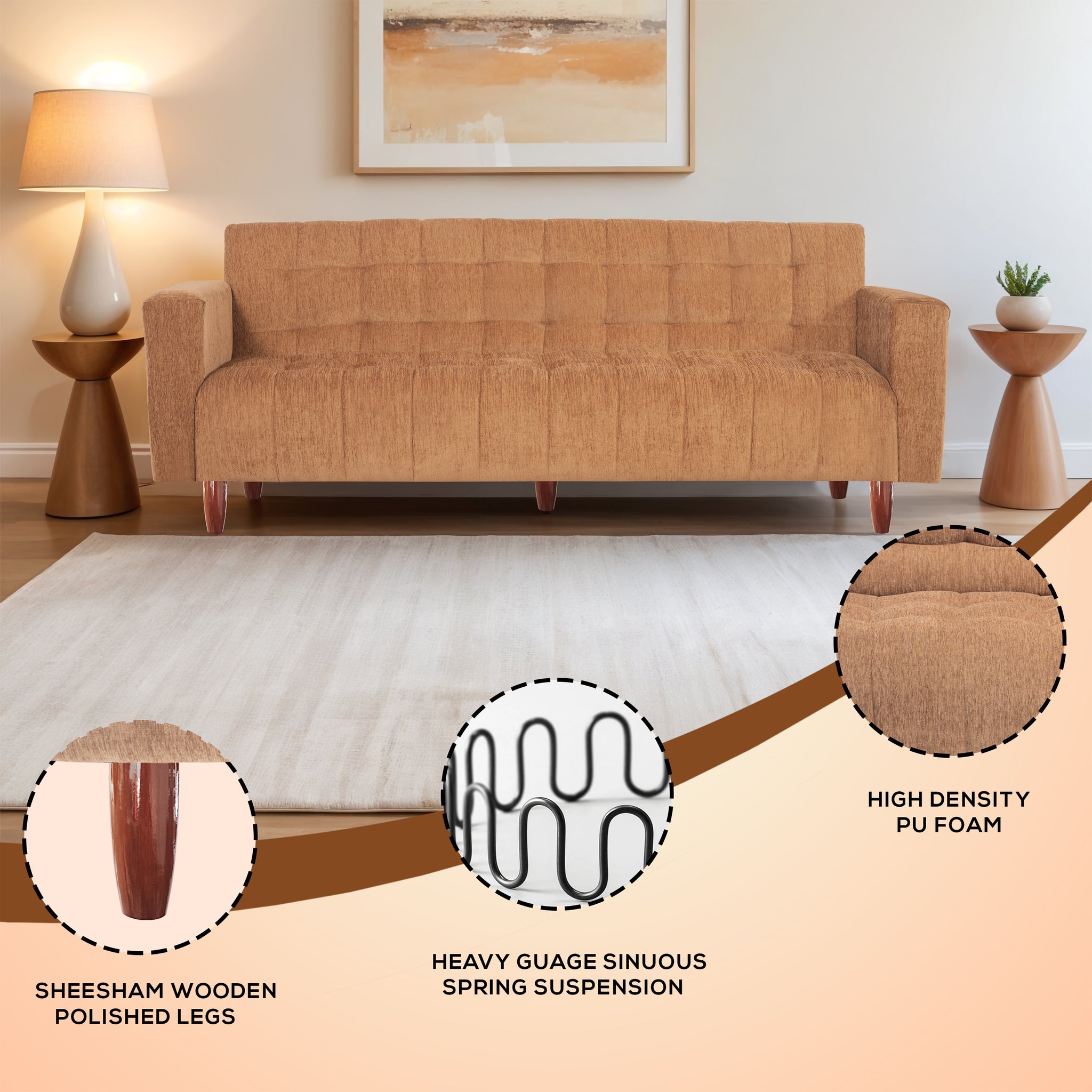 Lisbon Neo 4 Seater Wooden Sofa Cum Bed - ( Premium Molfino Fabric- Beige )