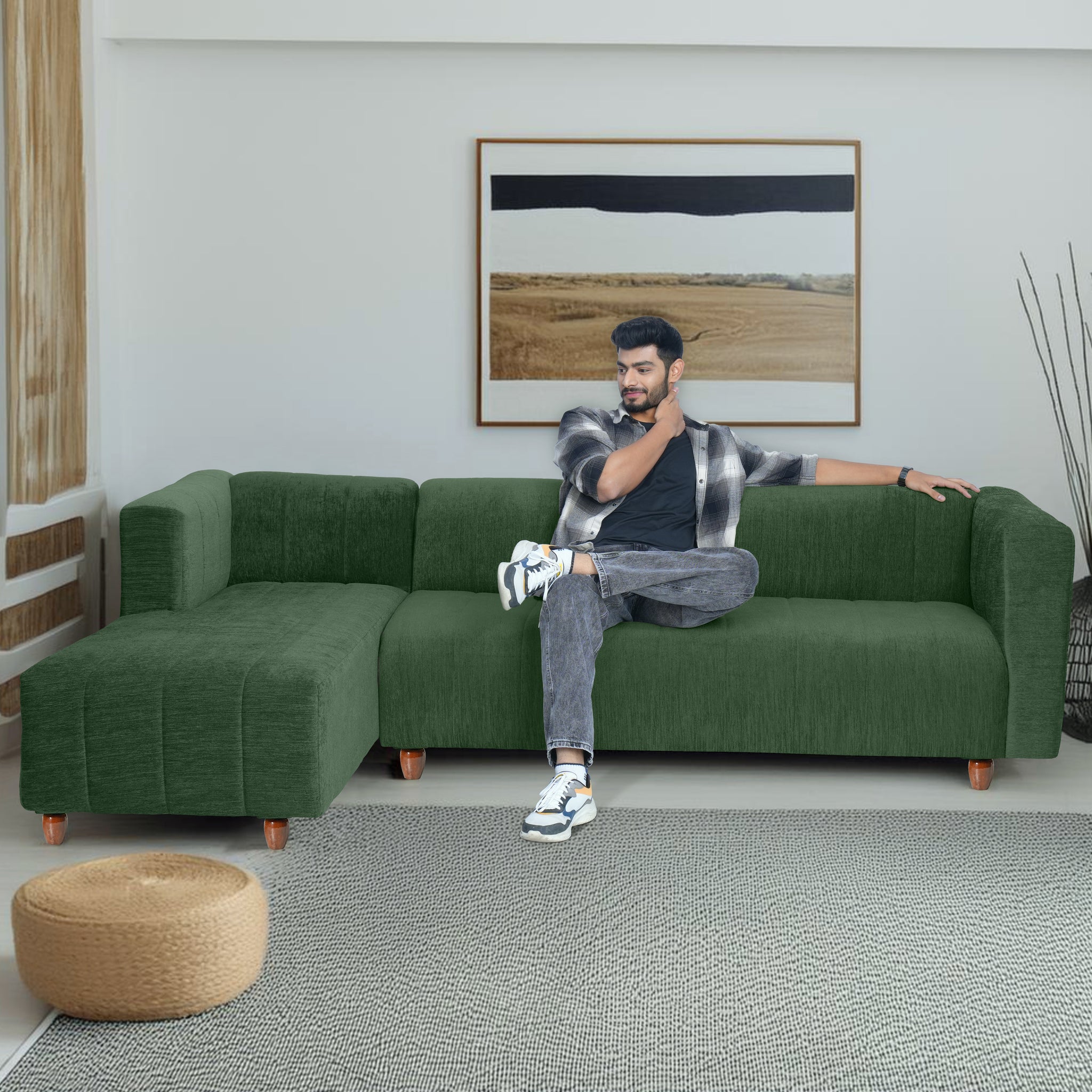 Tokyo 6 Seater Sofa Left Corner- ( Premium Molfino Fabric- Green )