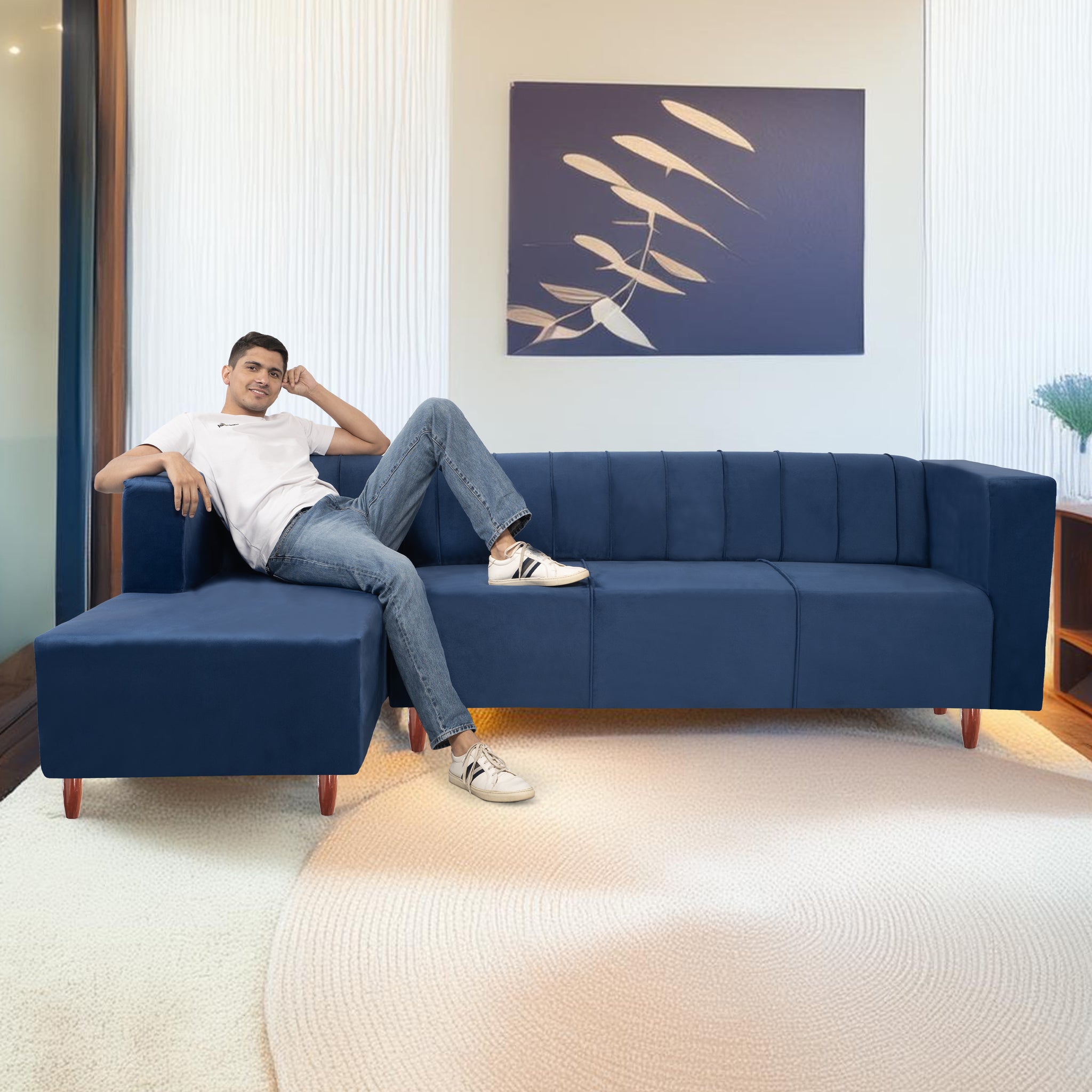Sydney 6 Seater sofa left corner- ( Plush Suede Fabric- Blue )