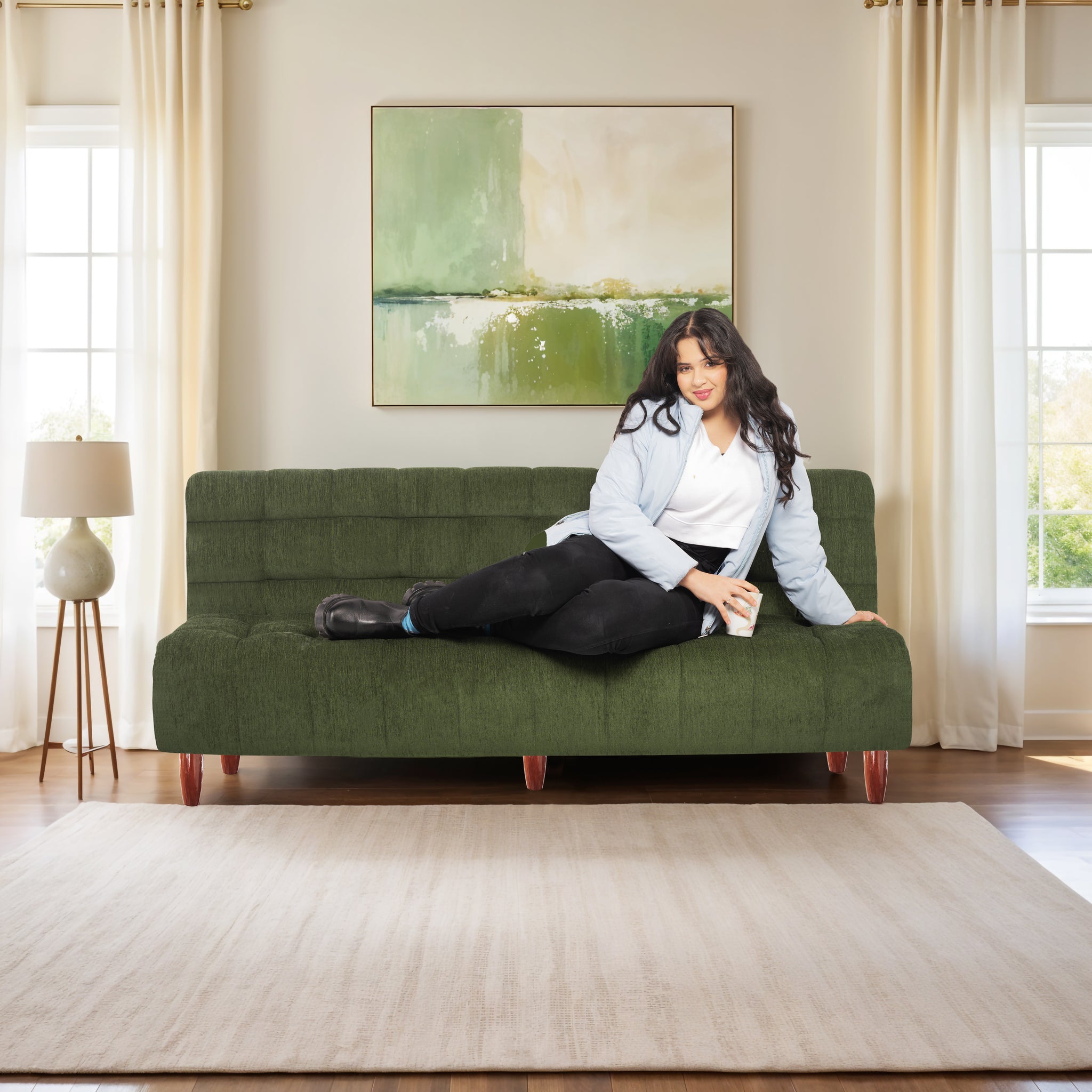 Florida Neo 3 Seater Wooden Sofa Cum Bed - ( Premium Molfino Fabric- Green )