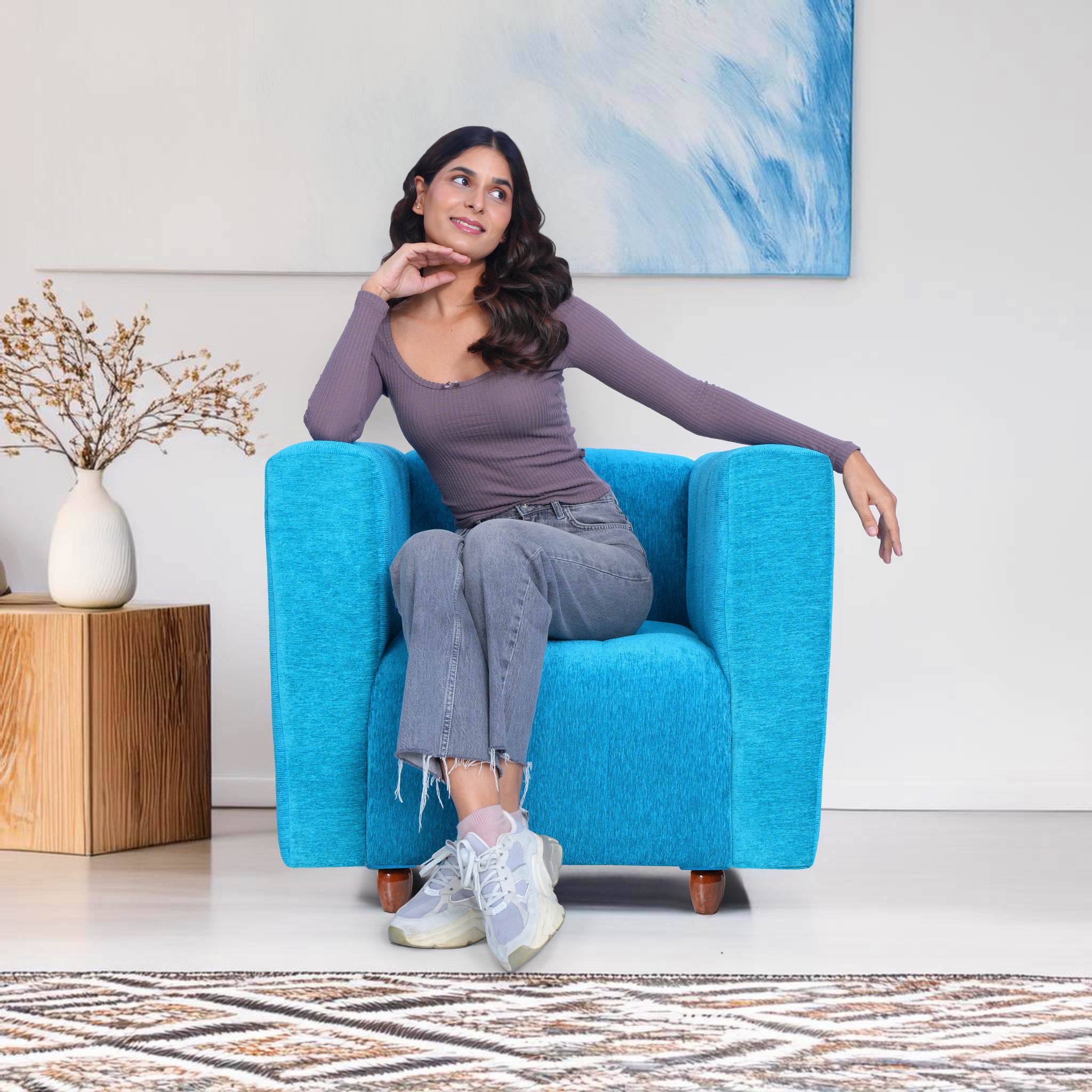 Tokyo 1 Seater Sofa- ( Premium Molfino Fabric- Sky Blue )
