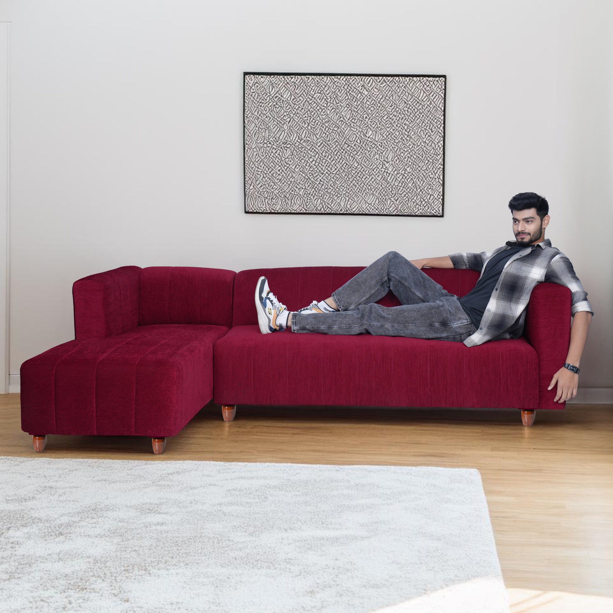 Tokyo 6 Seater Sofa Left Corner- ( Premium Molfino Fabric- Maroon )