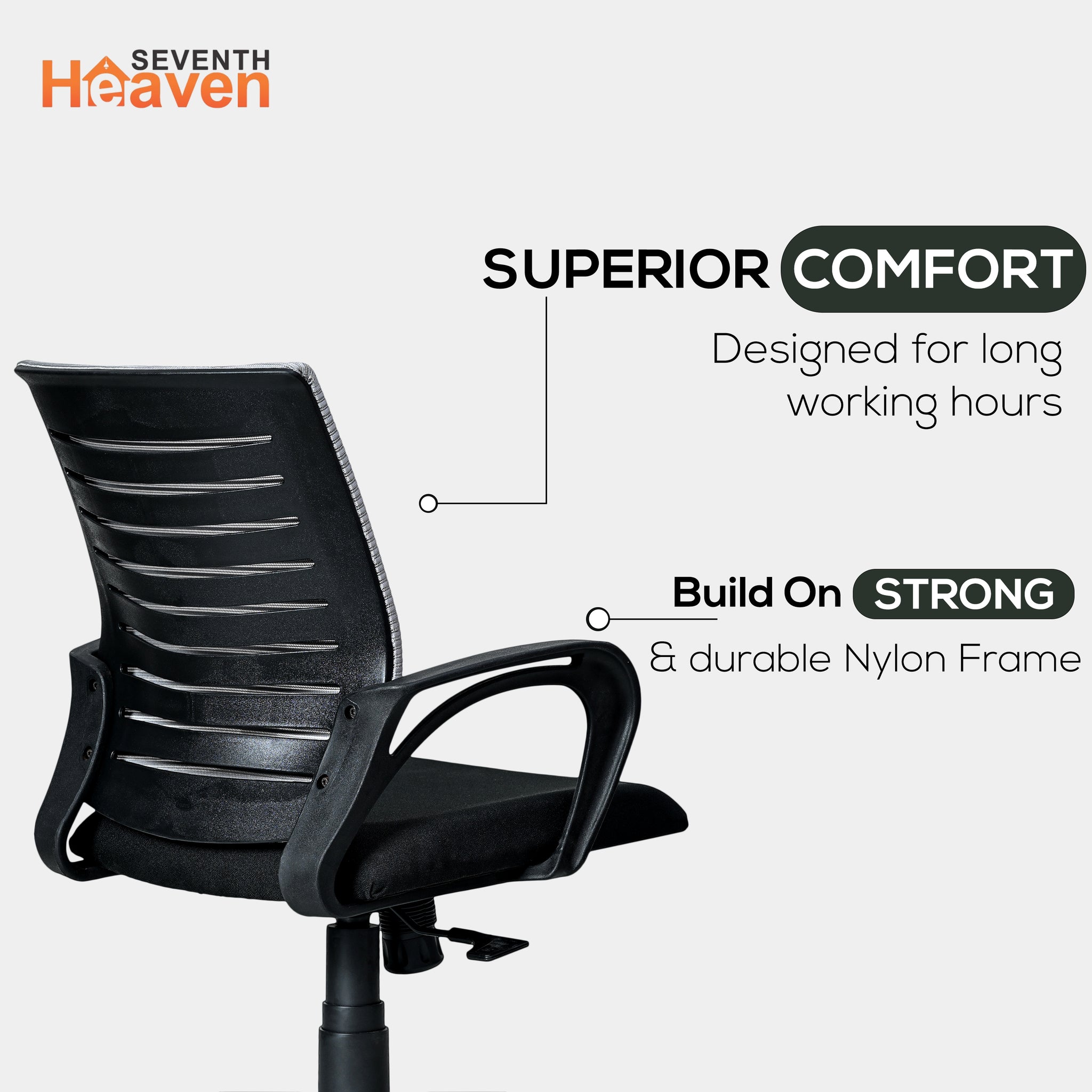 Seventh Heaven Blaze Mid Backc Office Chair for Work from Home | Study Chair | Revolving Chair | Computer Chair : 3 years warranty ( Heavy Duty Powder Metal Base, Black-Grey Back )