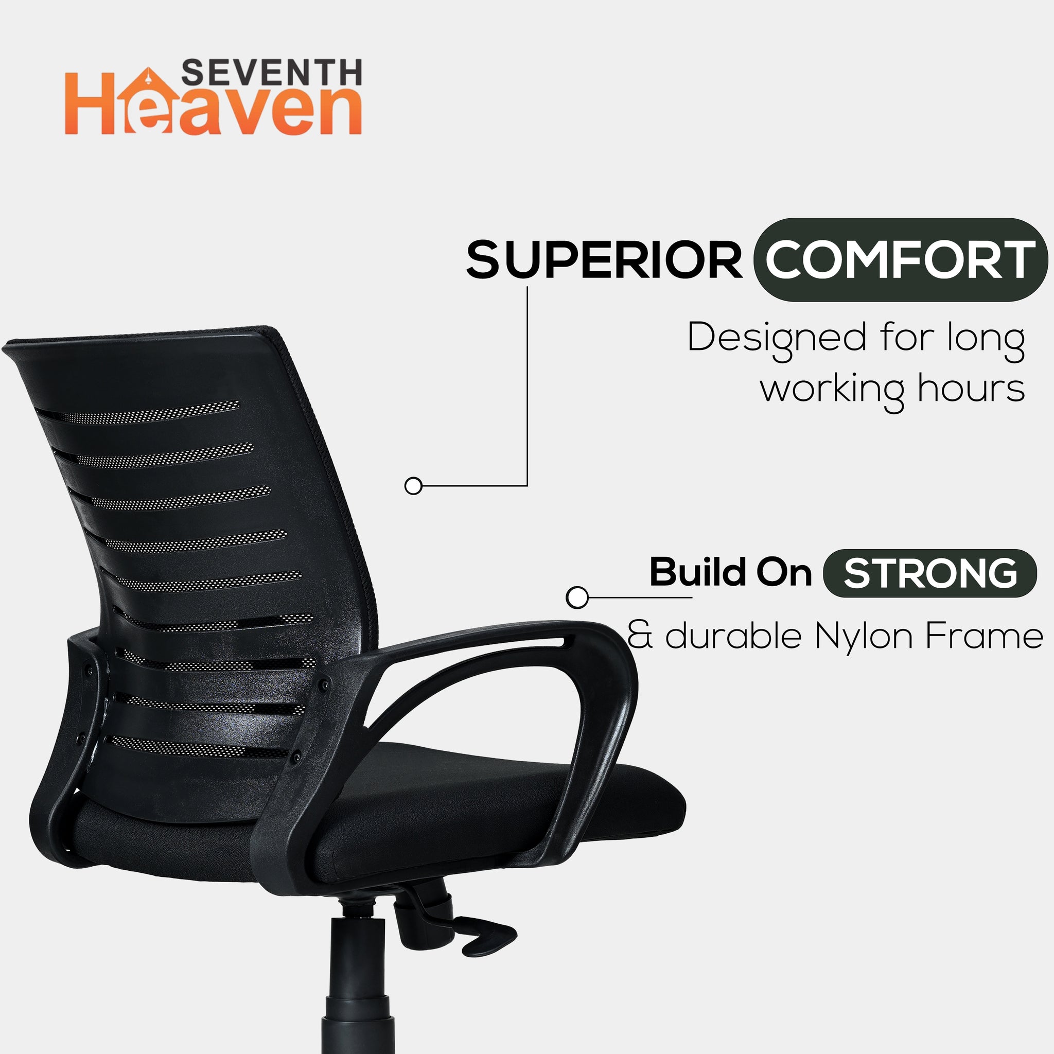 Seventh Heaven Blaze Mid Back c Office Chair for Work from Home | Study Chair | Revolving Chair | Computer Chair : 3 years warranty ( Heavy Duty Powder Nylone Base, Black )