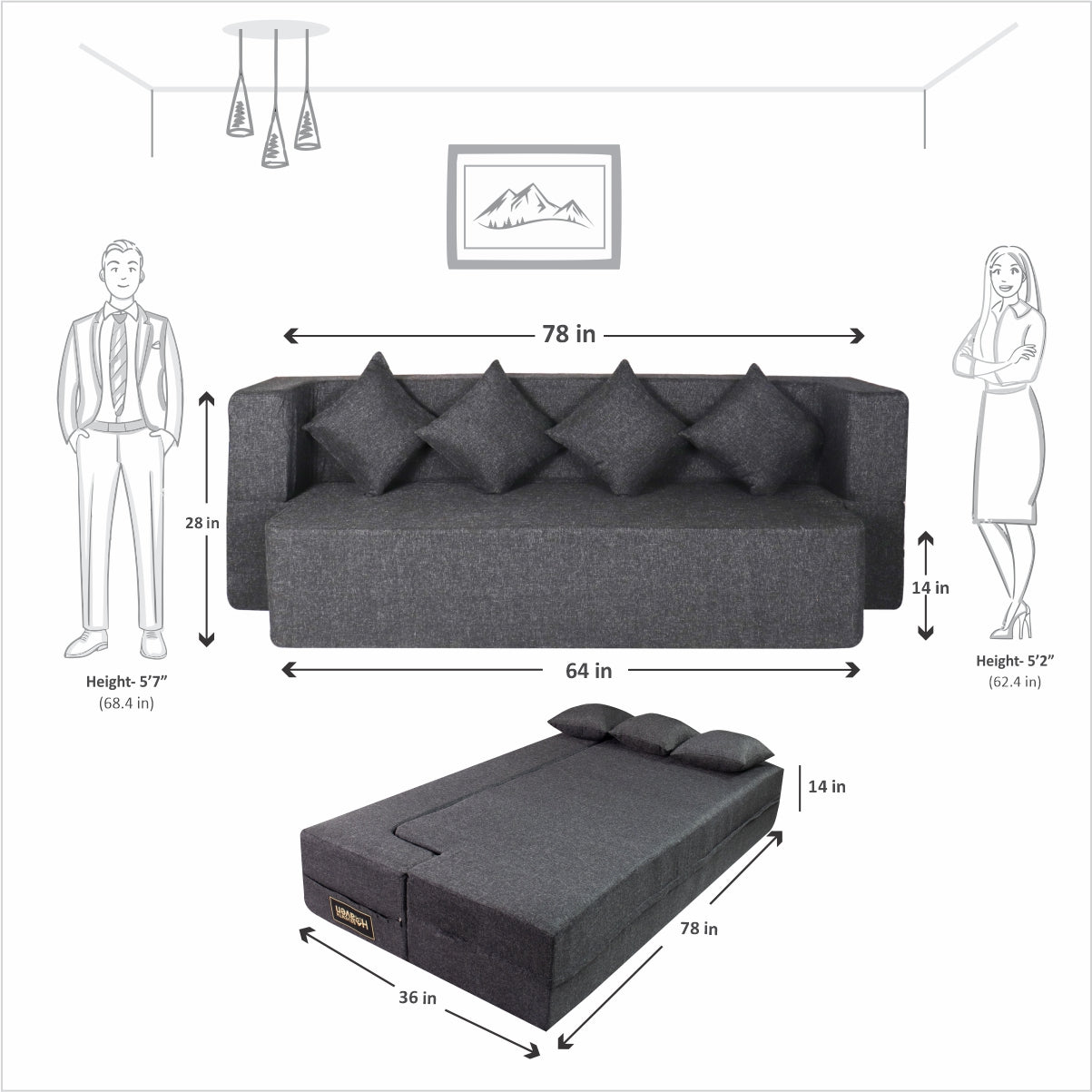 Flipper X Sofa Cum Bed Cover - 4 Seater, Plain Cushion ( Jute Fabric, Dark Grey )