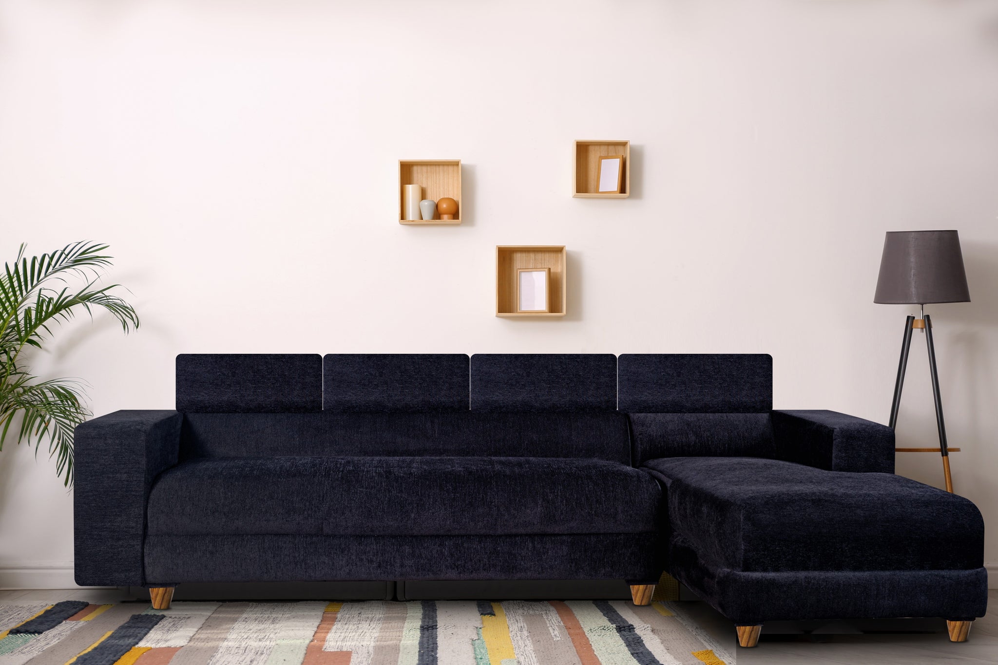 Berlin 6 Seater Sofa, Extra Spacious, Chenille Molfino Fabric with 3 Years Warranty( Finish Color - Black, Style - Right Corner Sofa)