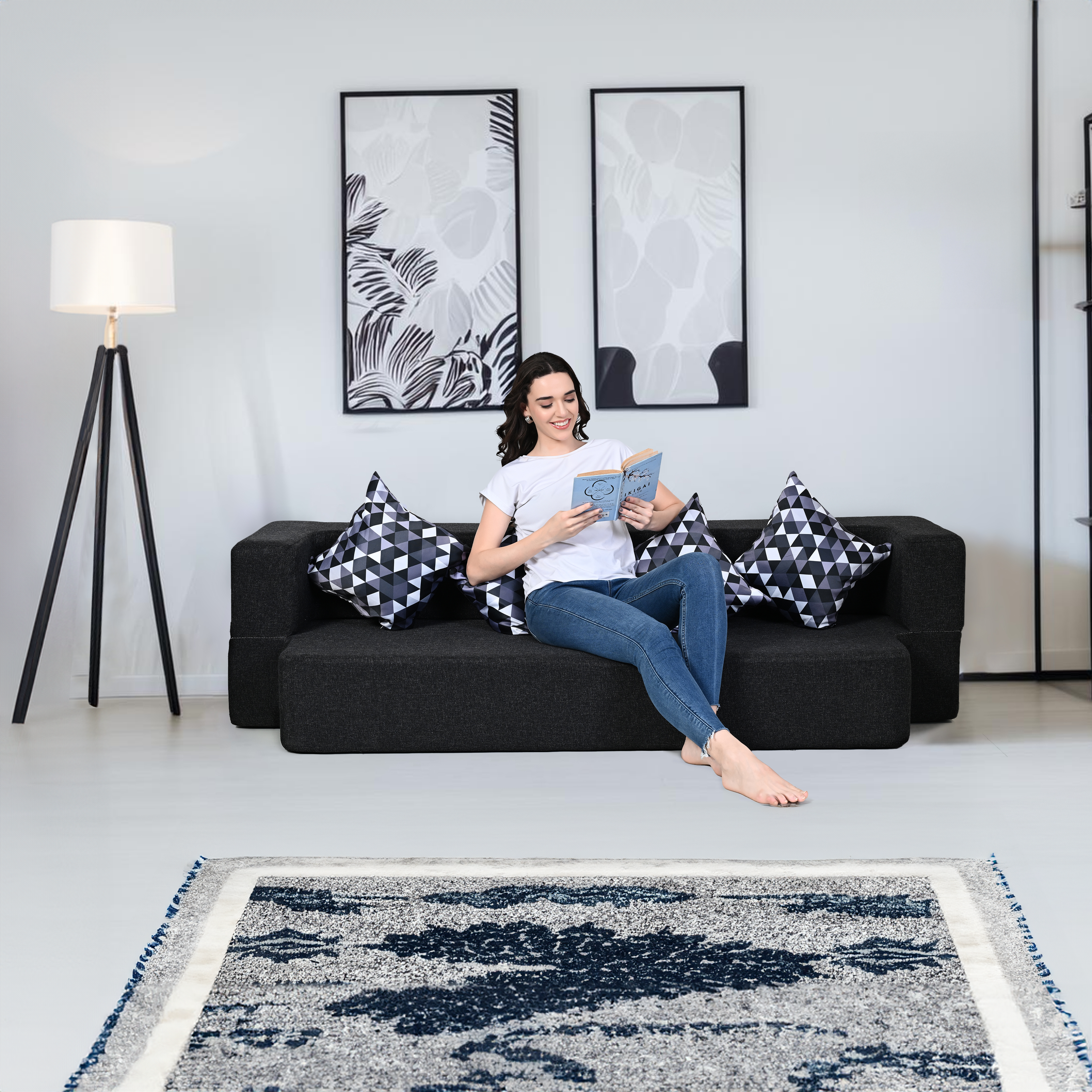 Flipper X Sofa Cum Bed - 4  Seater, Printed Cushion ( Jute Fabric, Dark Grey )
