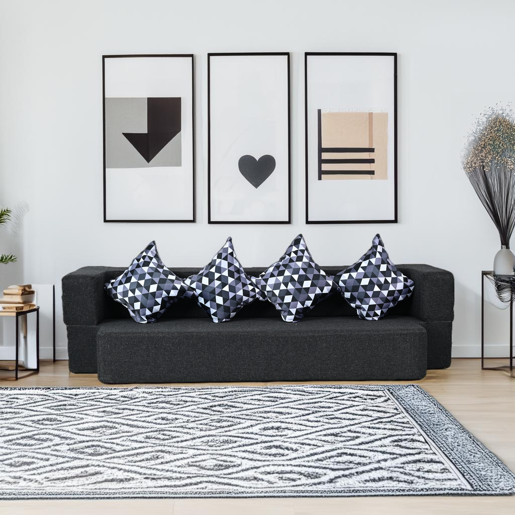 Flipper X Sofa Cum Bed - 4  Seater, Printed Cushion ( Jute Fabric, Dark Grey )