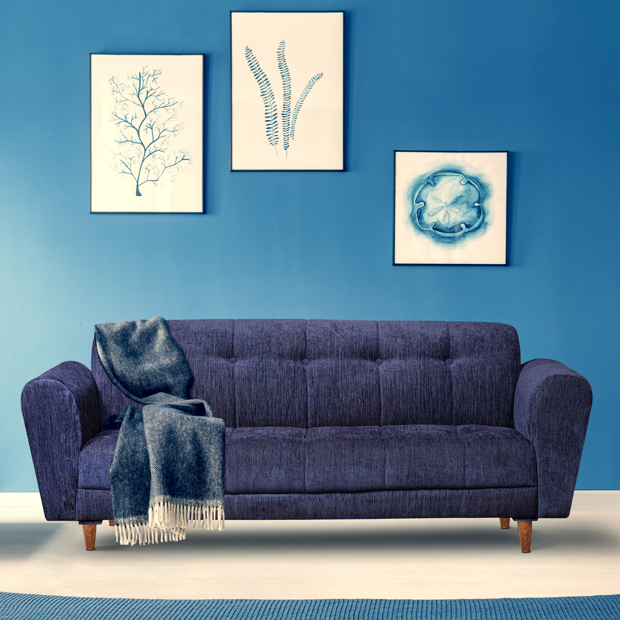Milan 3 Seater Sofa - ( Premium Molfino Fabric- Blue )