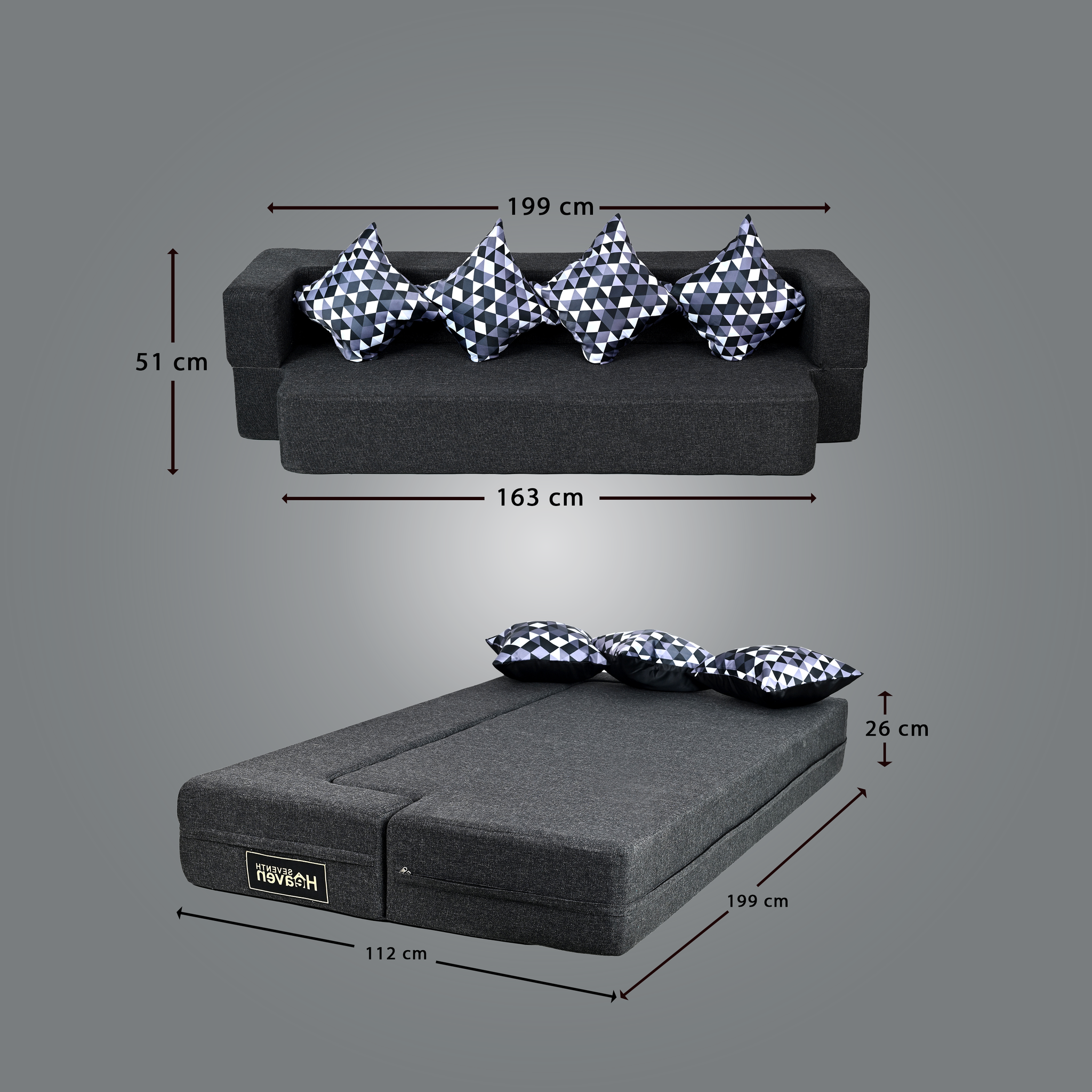 Flipper X Sofa Cum Bed - 4  Seater, Printed Cushion ( Jute Fabric, Dark Grey )