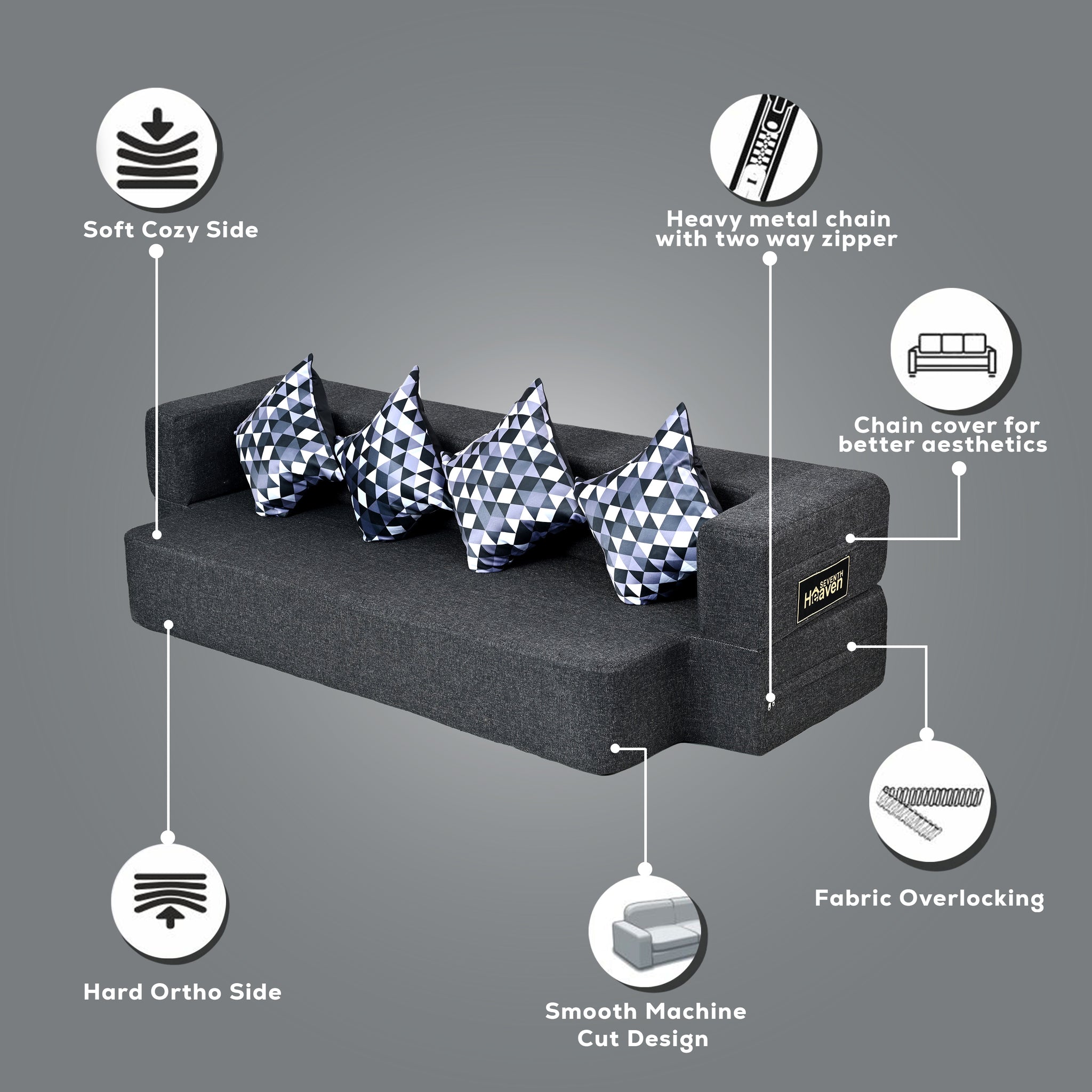 Flipper X Sofa Cum Bed - 4  Seater, Printed Cushion ( Jute Fabric, Dark Grey )