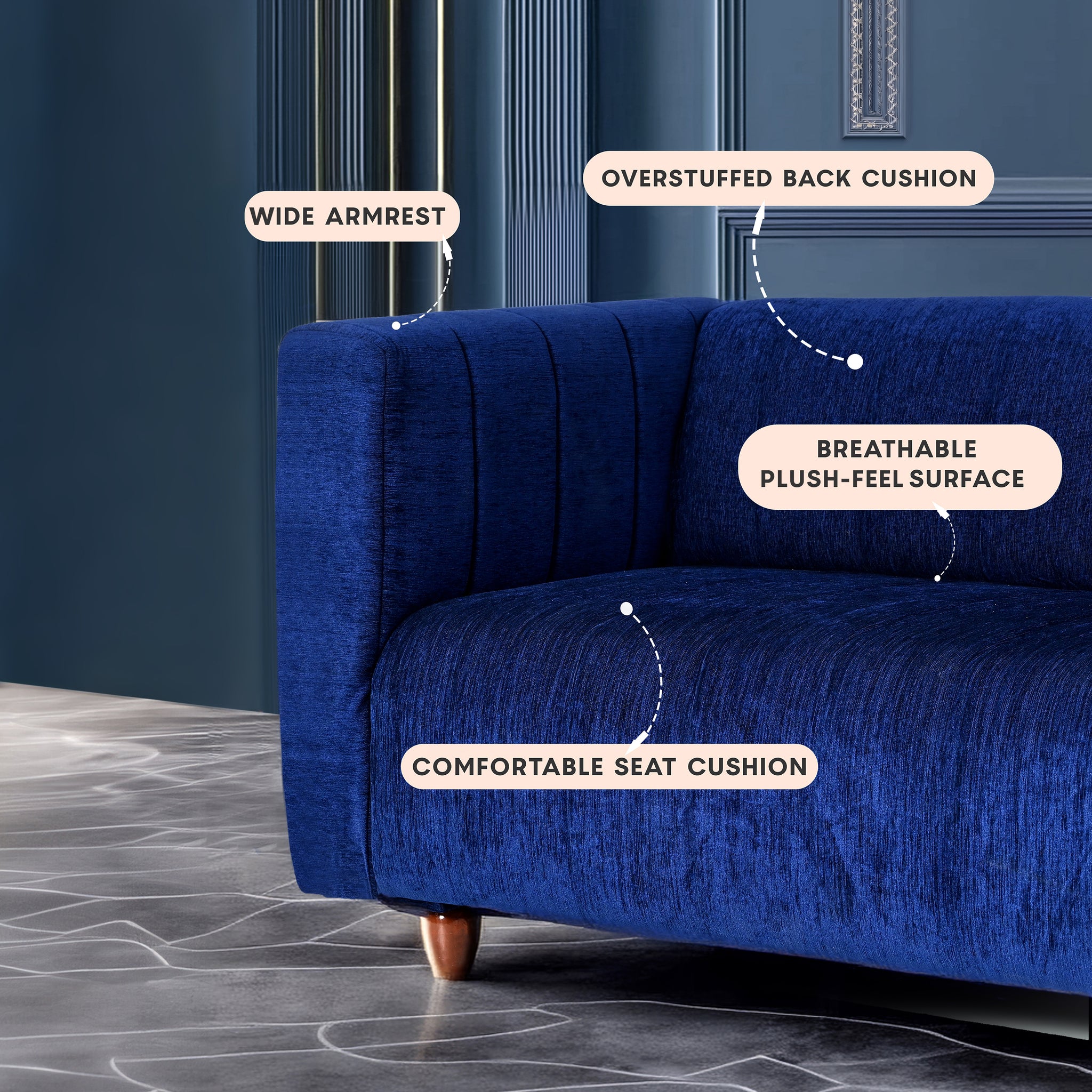 Seventh Heaven Tokyo 2 Seater Sofa, Extra Spacious, Chenille Molfino Fabric: 2 Year Warranty Fabric 2 Seater Sofa Dark blue (Finish Color -Blue, DIY(Do-It-Yourself)