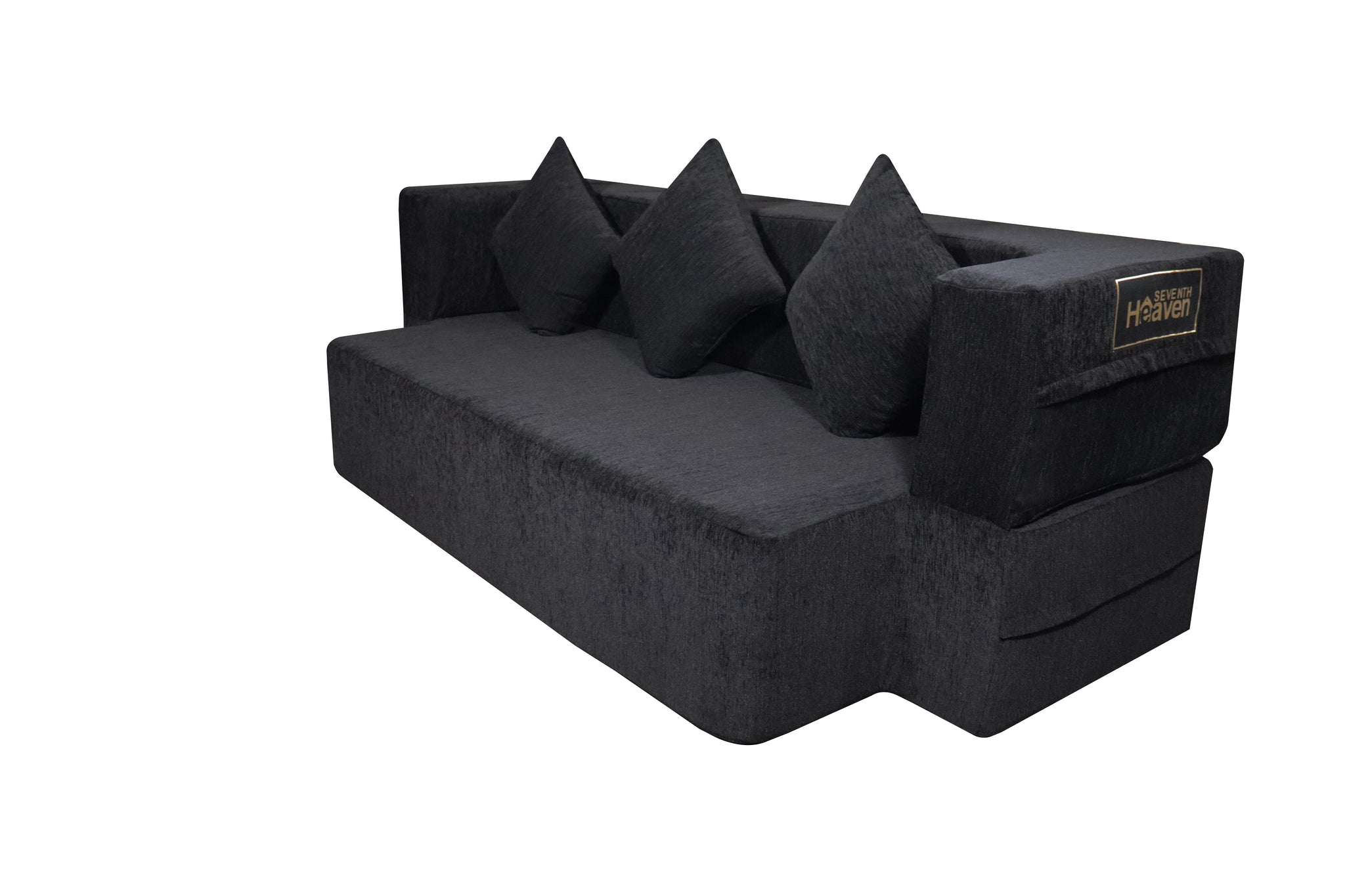 Flipper X Sofa Cum Bed (Memory Foam)- 3 Seater, Plain Cushions (Premium Molfino Fabric-  Black )