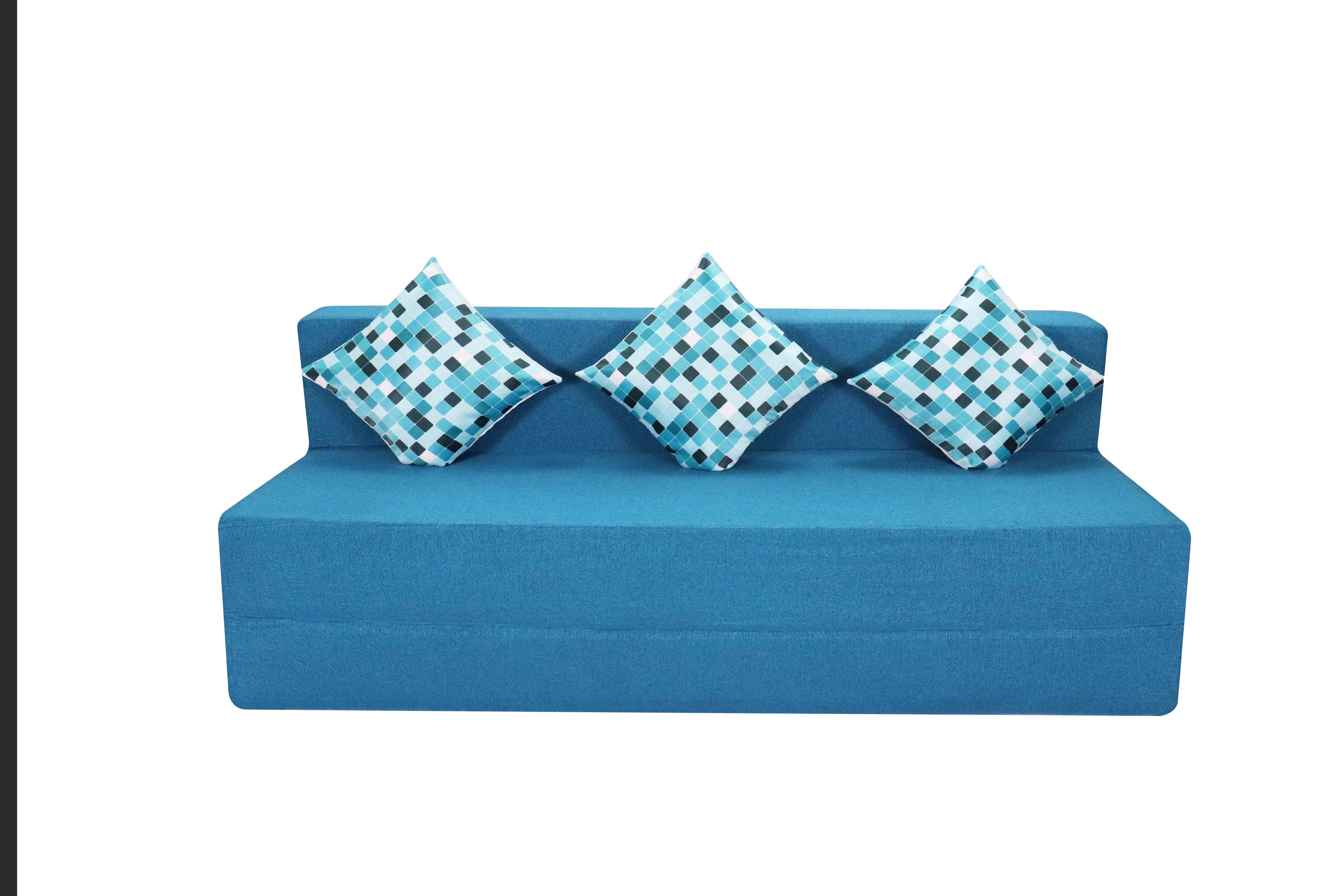 Rejoice Sofa Cum Bed - 3 Seater, 3 Printed Cushion ( Jute Fabric, Sky Blue )