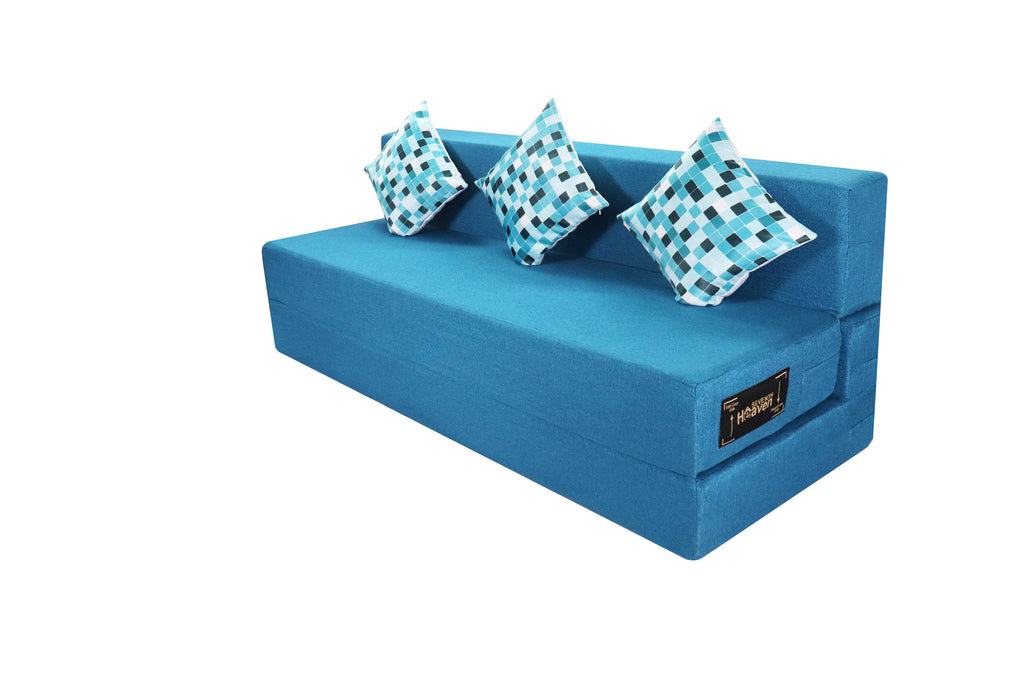 Rejoice Sofa Cum Bed - 3 Seater, 3 Printed Cushion ( Jute Fabric, Sky Blue )