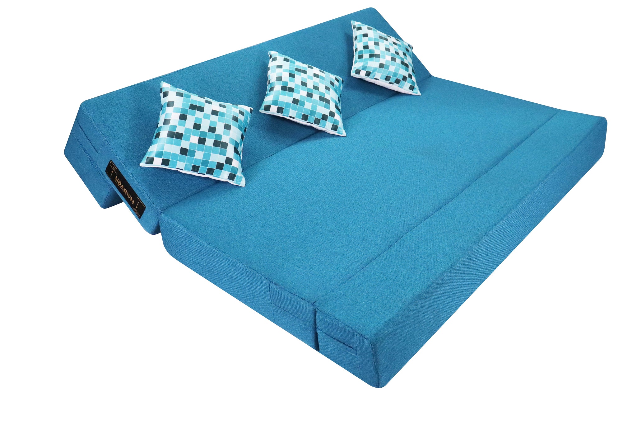 Rejoice Sofa Cum Bed - 3 Seater, 3 Printed Cushion ( Jute Fabric, Sky Blue )