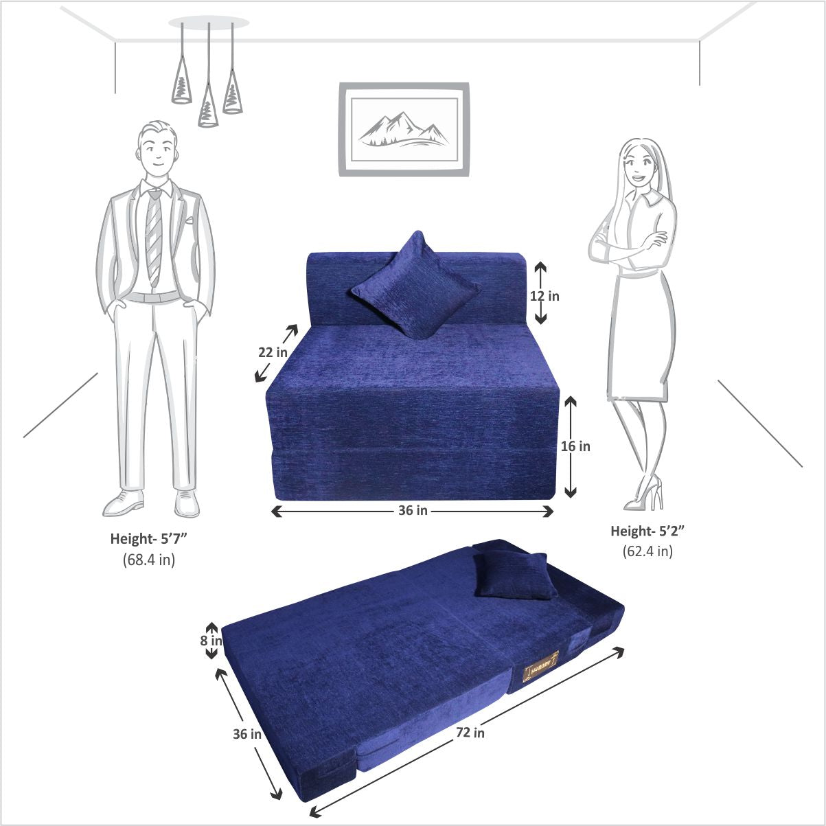 Rejoice Sofa Cum Bed - 1 Seater, Plain Cushion ( Premium Molfino Fabric, Blue )