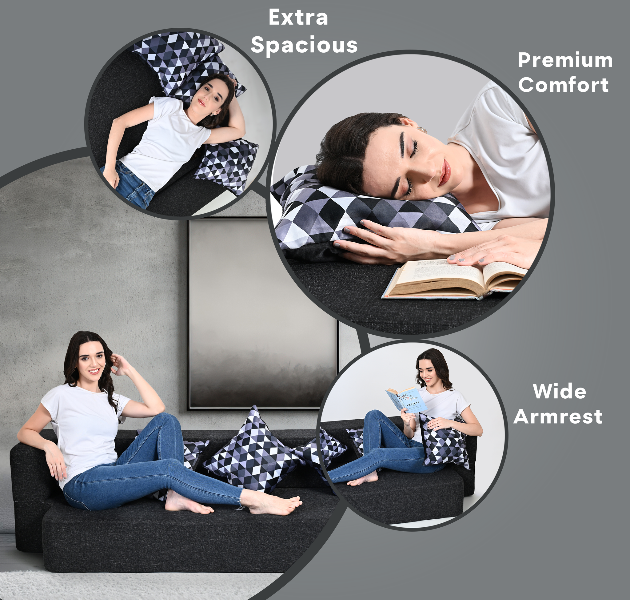 Flipper X Sofa Cum Bed - 4  Seater, Printed Cushion ( Jute Fabric, Dark Grey )