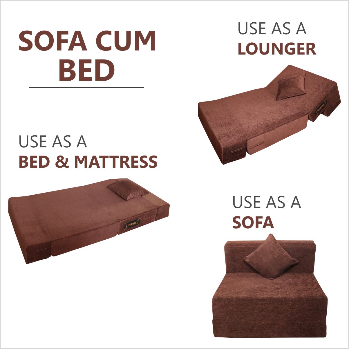 Rejoice Sofa Cum Bed - 1 Seater, Plain Cushion ( Premium Molfino Fabric, Brown )