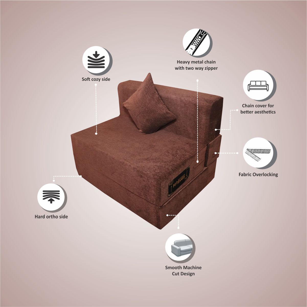 Rejoice Sofa Cum Bed - 1 Seater, Plain Cushion ( Premium Molfino Fabric, Brown )