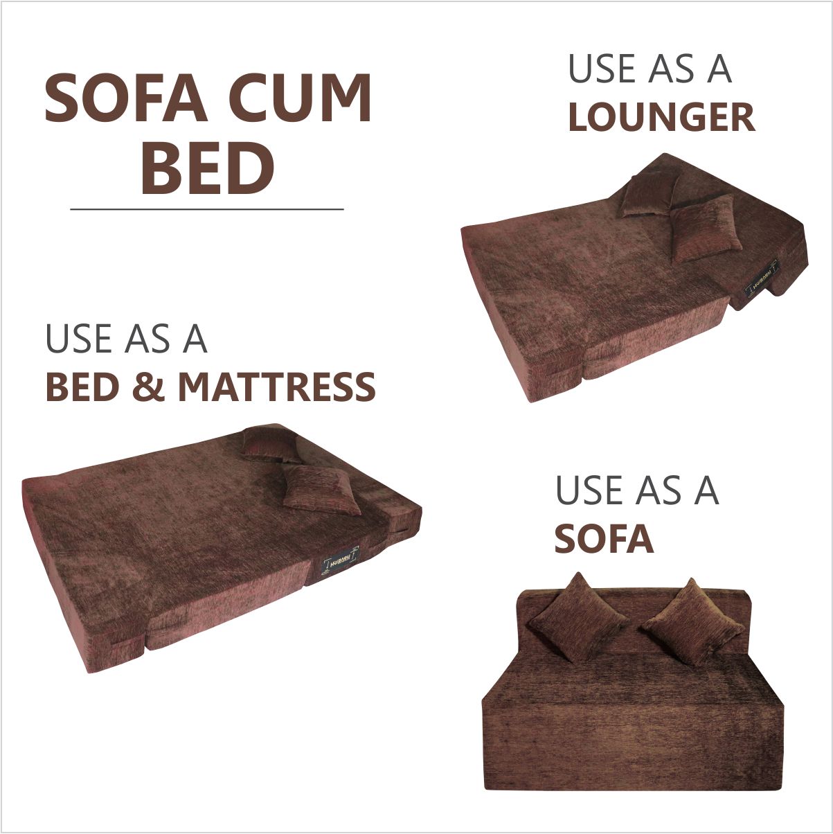 Rejoice Sofa Cum Bed - 2  Seater, Plain Cushion ( Premium Molfino Fabric, Brown )