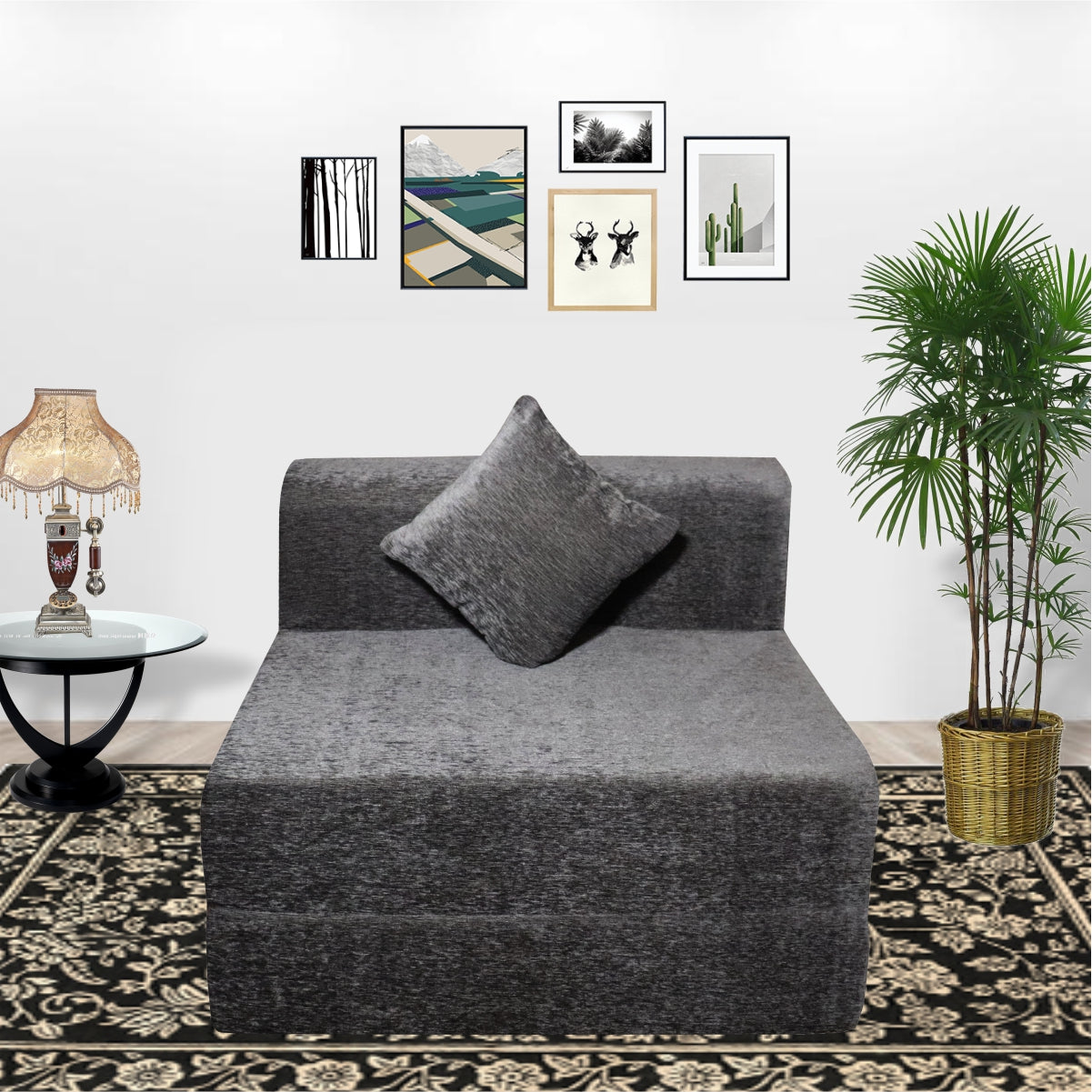 Rejoice Sofa Cum Bed - 1 Seater, Plain Cushion ( Premium Molfino Fabric, Grey )