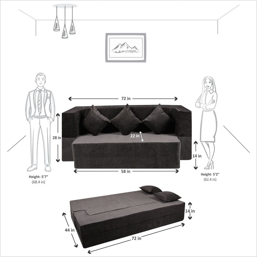 FlipperX Sofa Cum Bed Cover - 3 Seater, Plain Cushion ( Premium Molfino Fabric, Black )