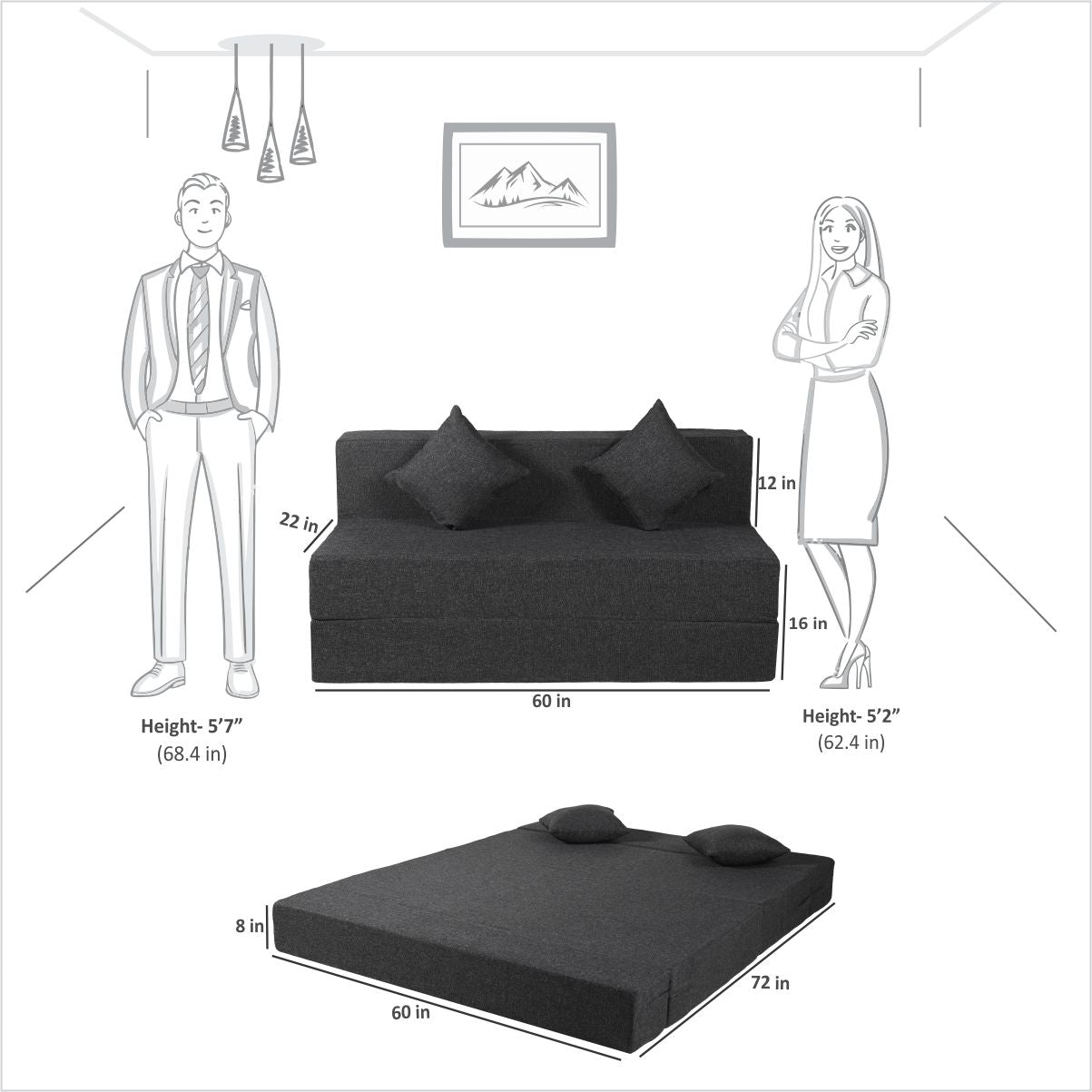 Rejoice Sofa Cum Bed - 3  Seater, Plain Cushion ( Jute Fabric, Grey )